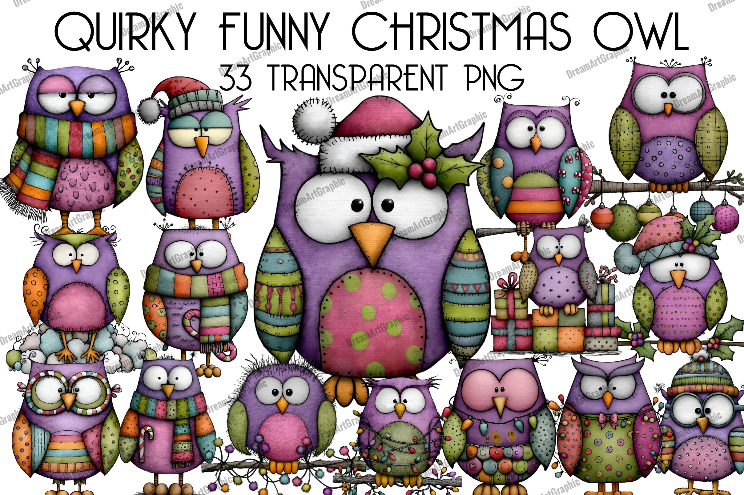 Quirky Funny Christmas Owl Clipart Bundle