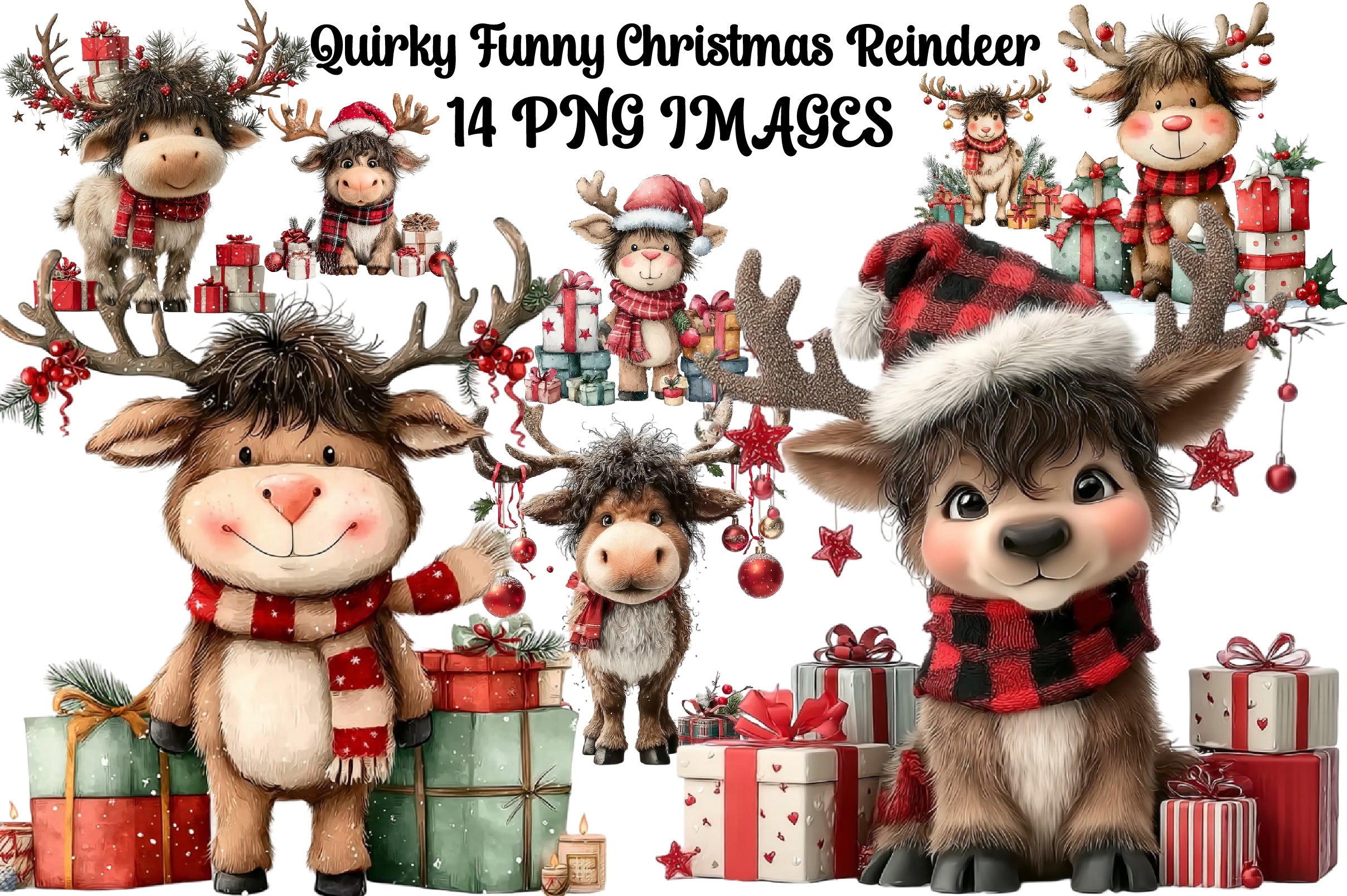 Quirky Funny Christmas Reindeer Clipart Bundle