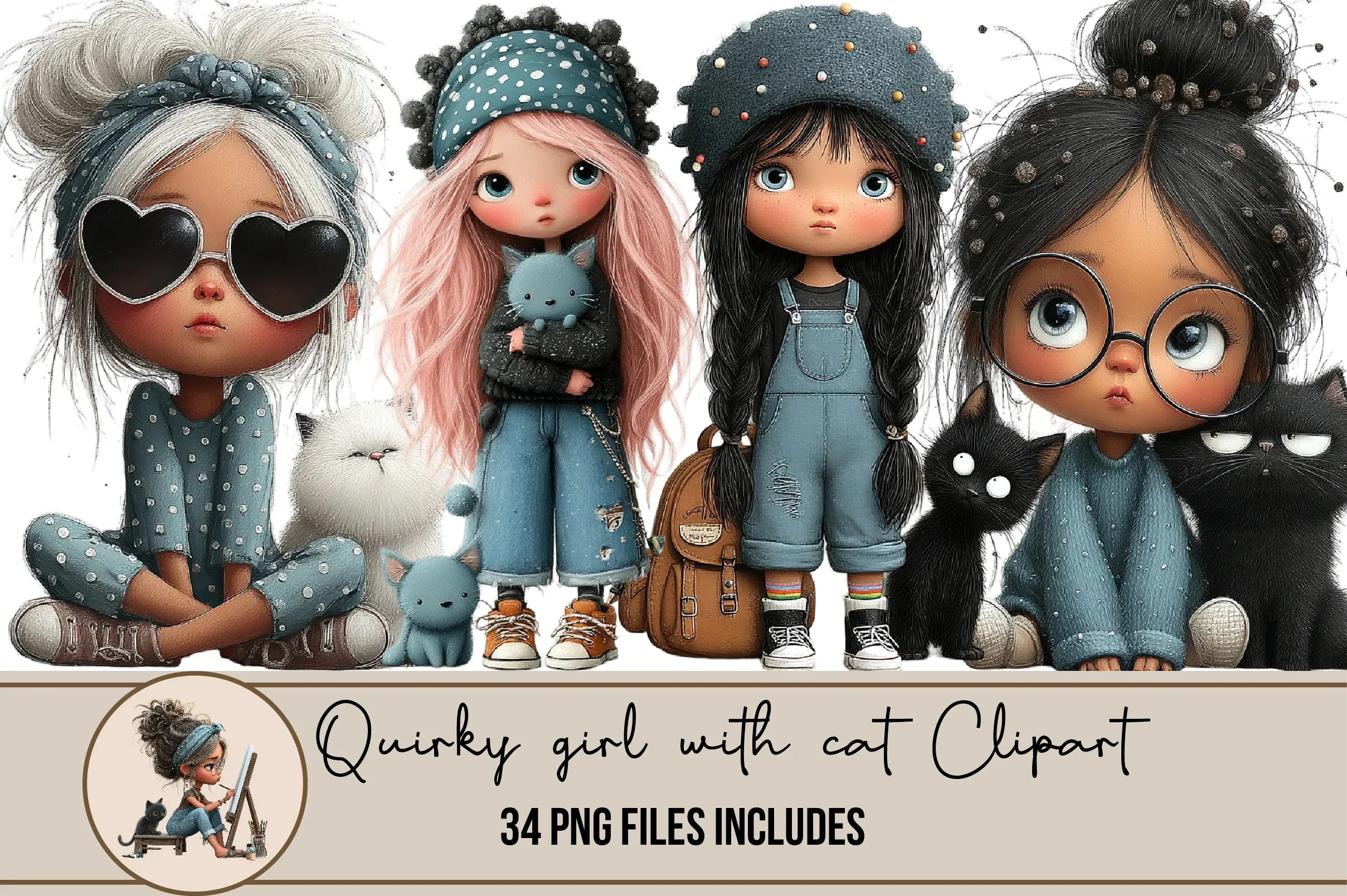 Quirky Girl with Cat Clipart Bundle - CraftNest - Digital Crafting and Art