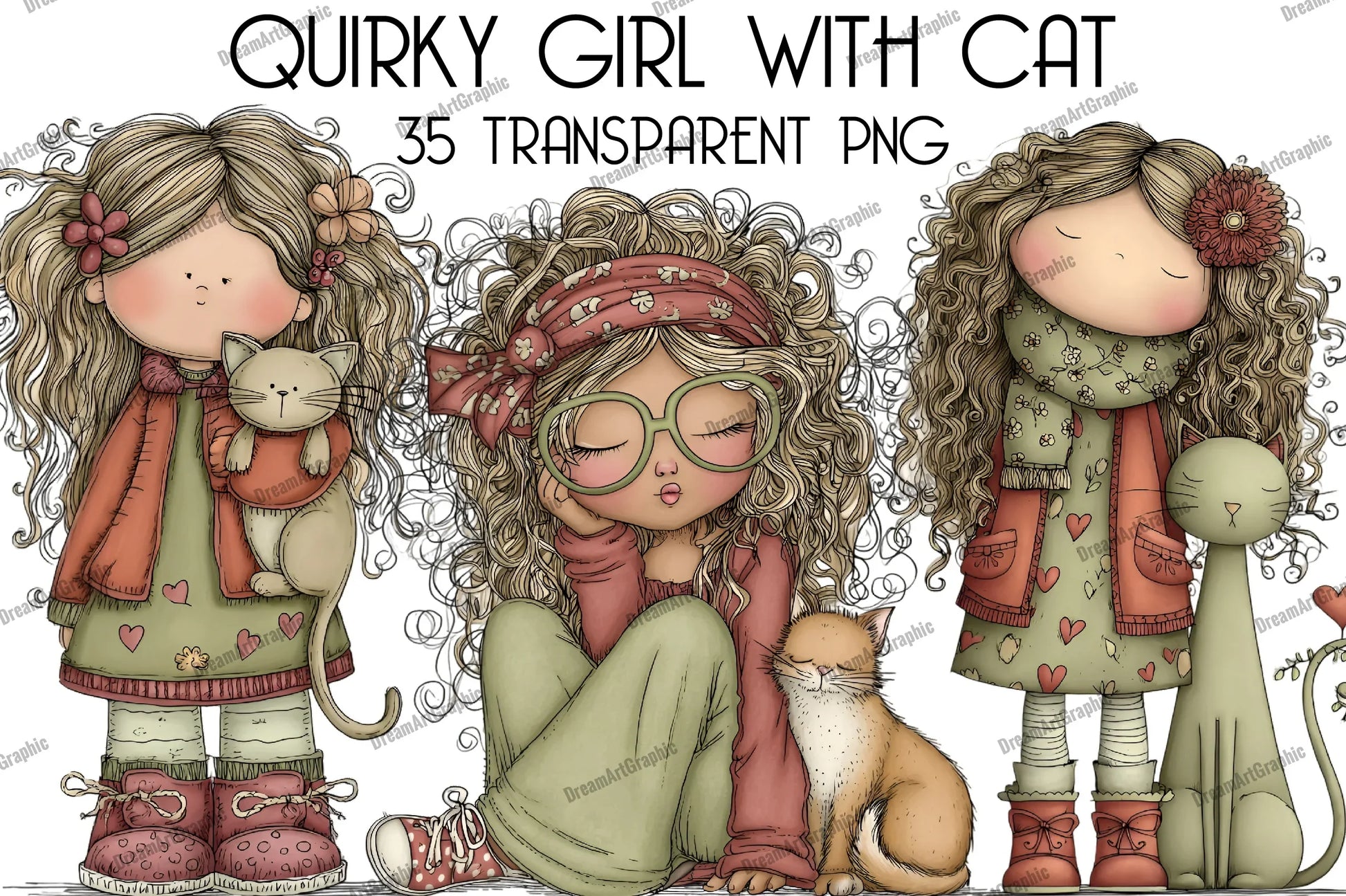 Quirky Girl with Cat Clipart Bundle - CraftNest - Digital Crafting and Art