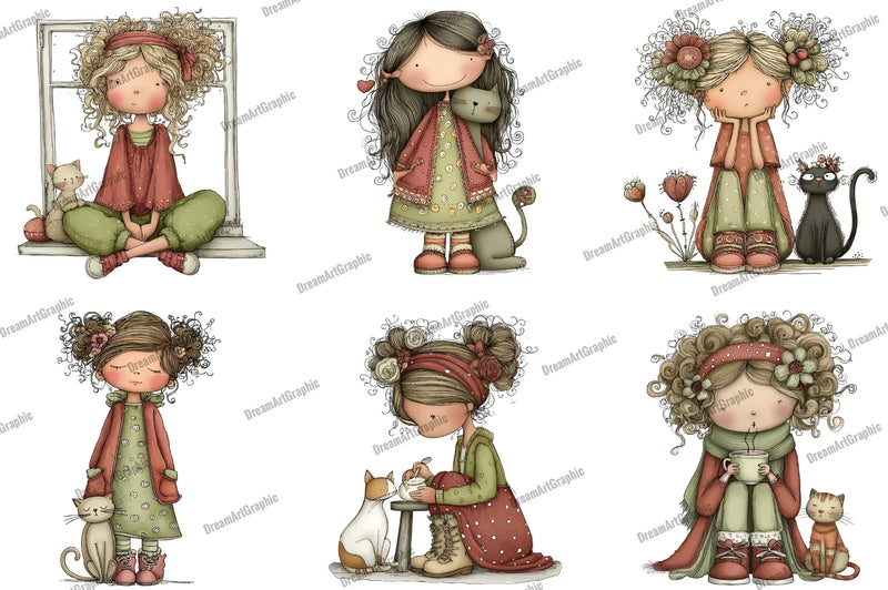 Quirky Girl with Cat Clipart Bundle - CraftNest - Digital Crafting and Art