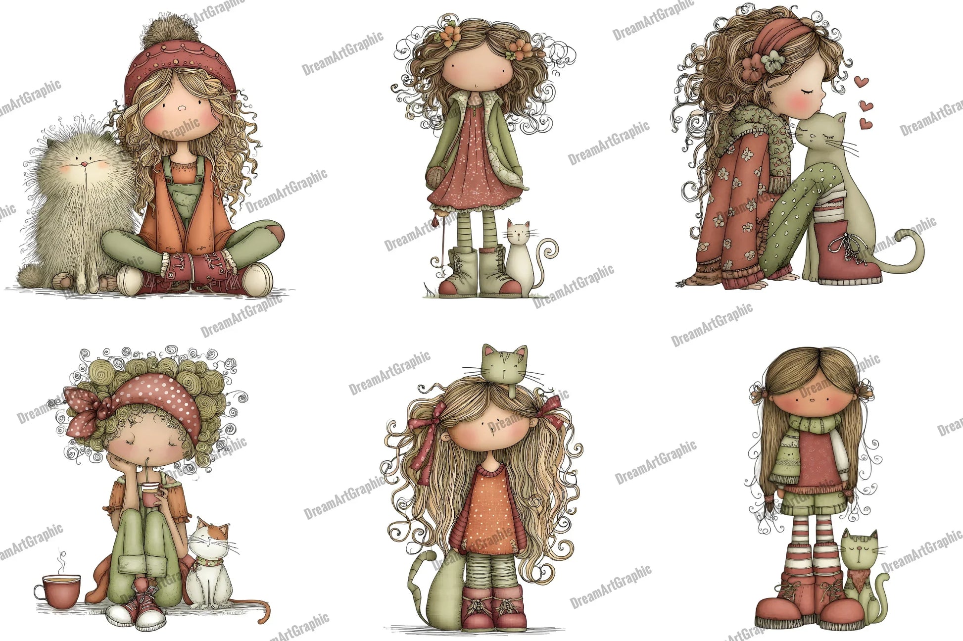 Quirky Girl with Cat Clipart Bundle - CraftNest - Digital Crafting and Art