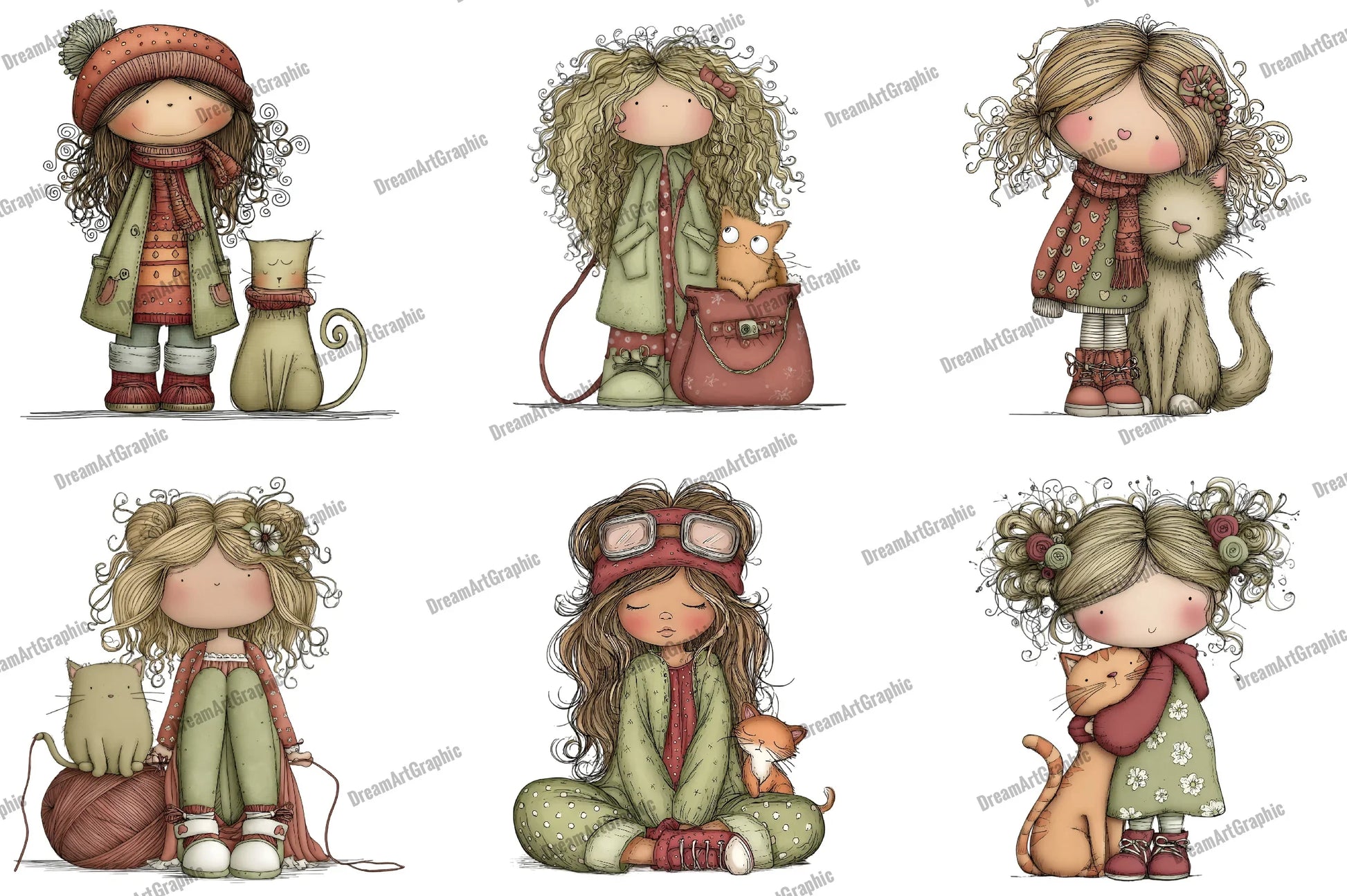 Quirky Girl with Cat Clipart Bundle - CraftNest - Digital Crafting and Art