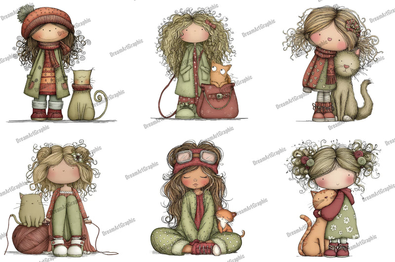 Quirky Girl with Cat Clipart Bundle - CraftNest - Digital Crafting and Art