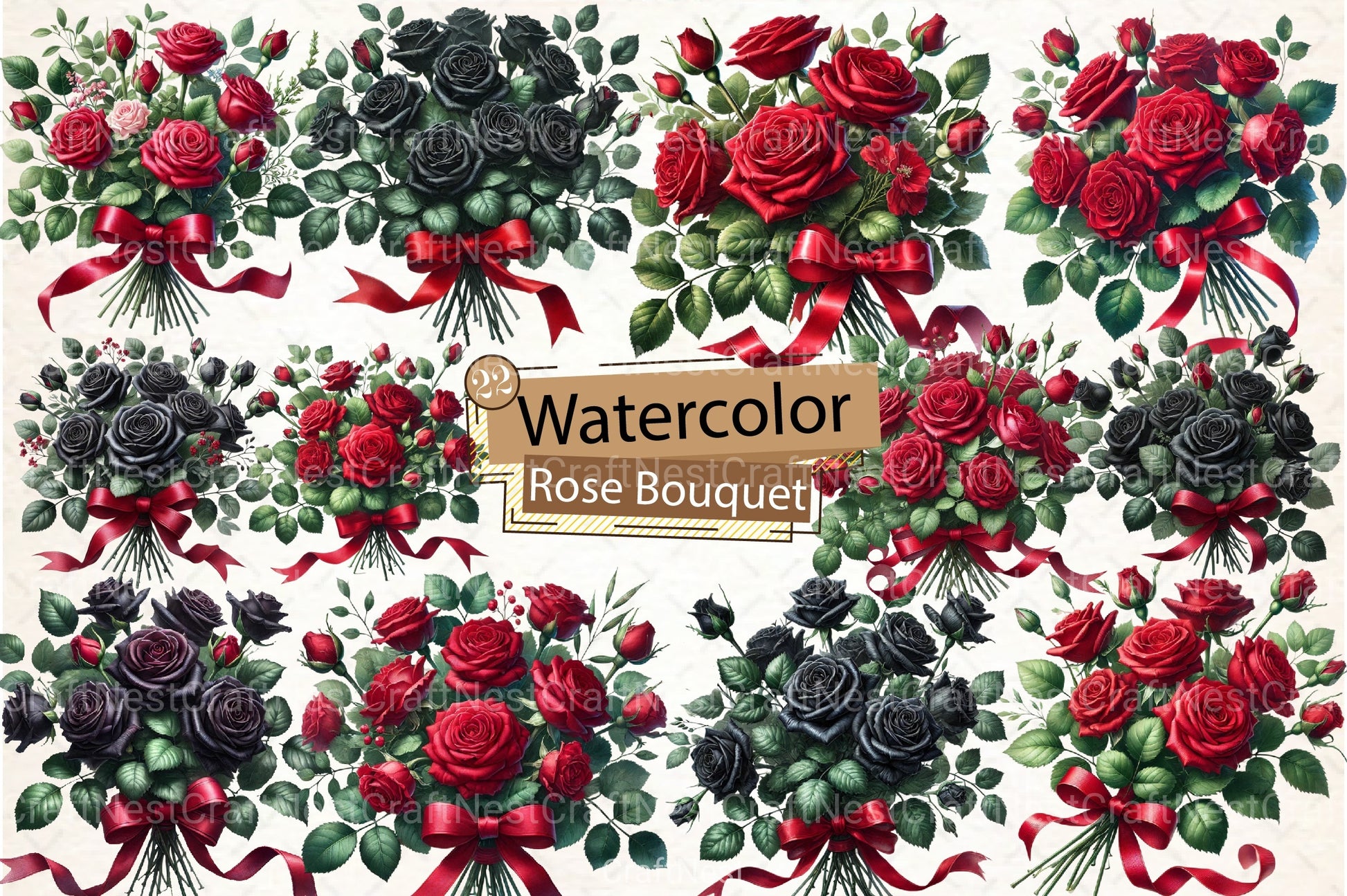 Red & Black Rose Bouquet Clipart Bundle - CraftNest - Digital Crafting and Art