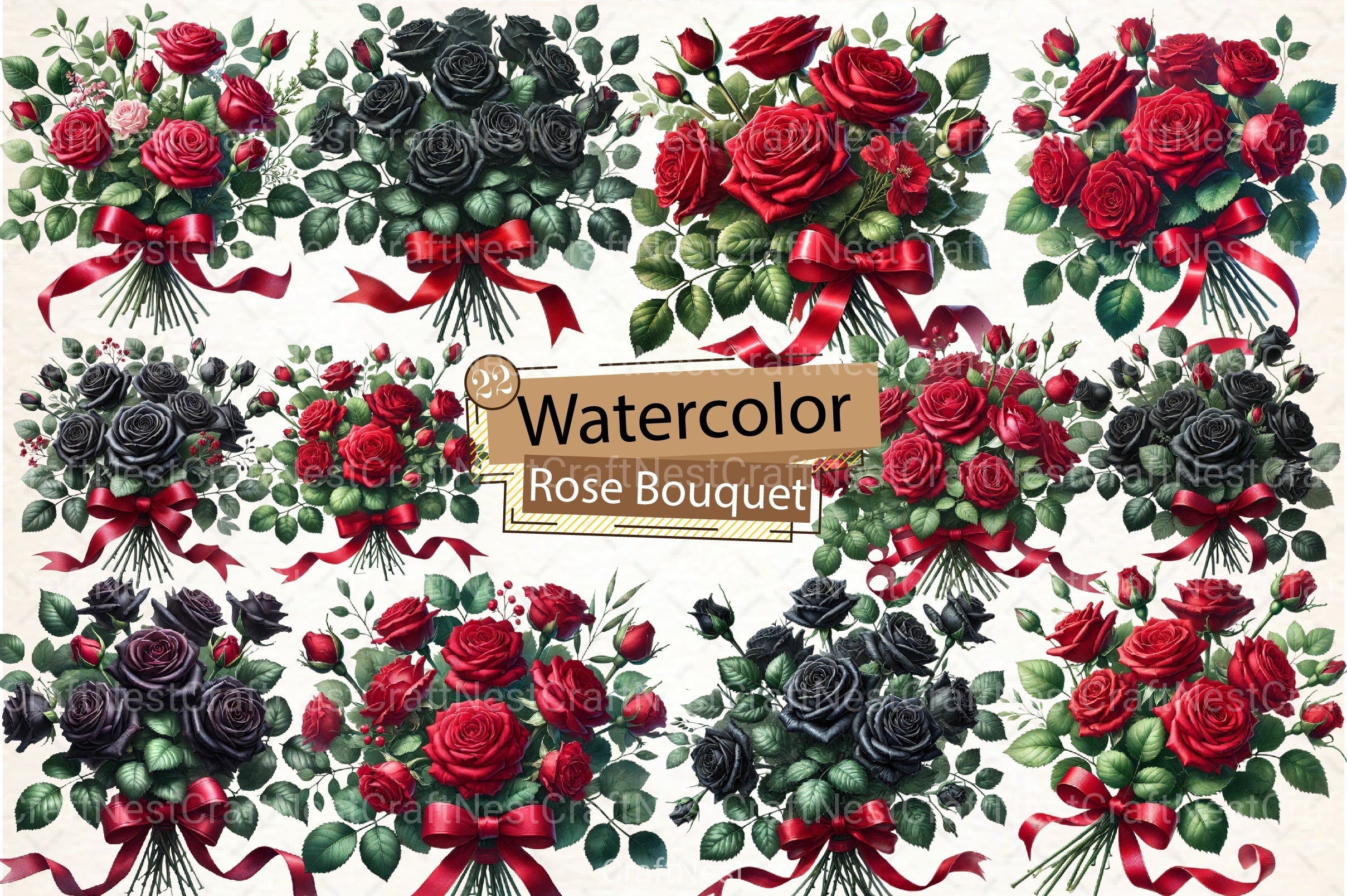 Red & Black Rose Bouquet Clipart Bundle - CraftNest - Digital Crafting and Art