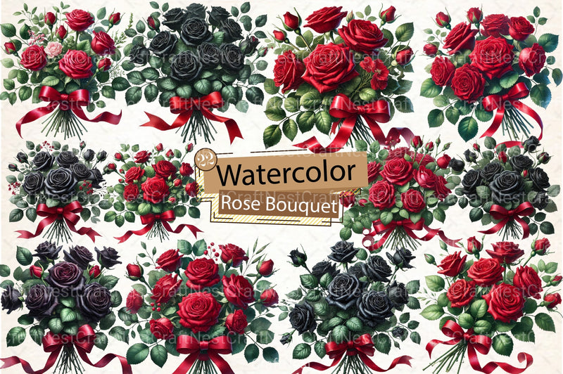Red & Black Rose Bouquet Clipart Bundle - CraftNest - Digital Crafting and Art