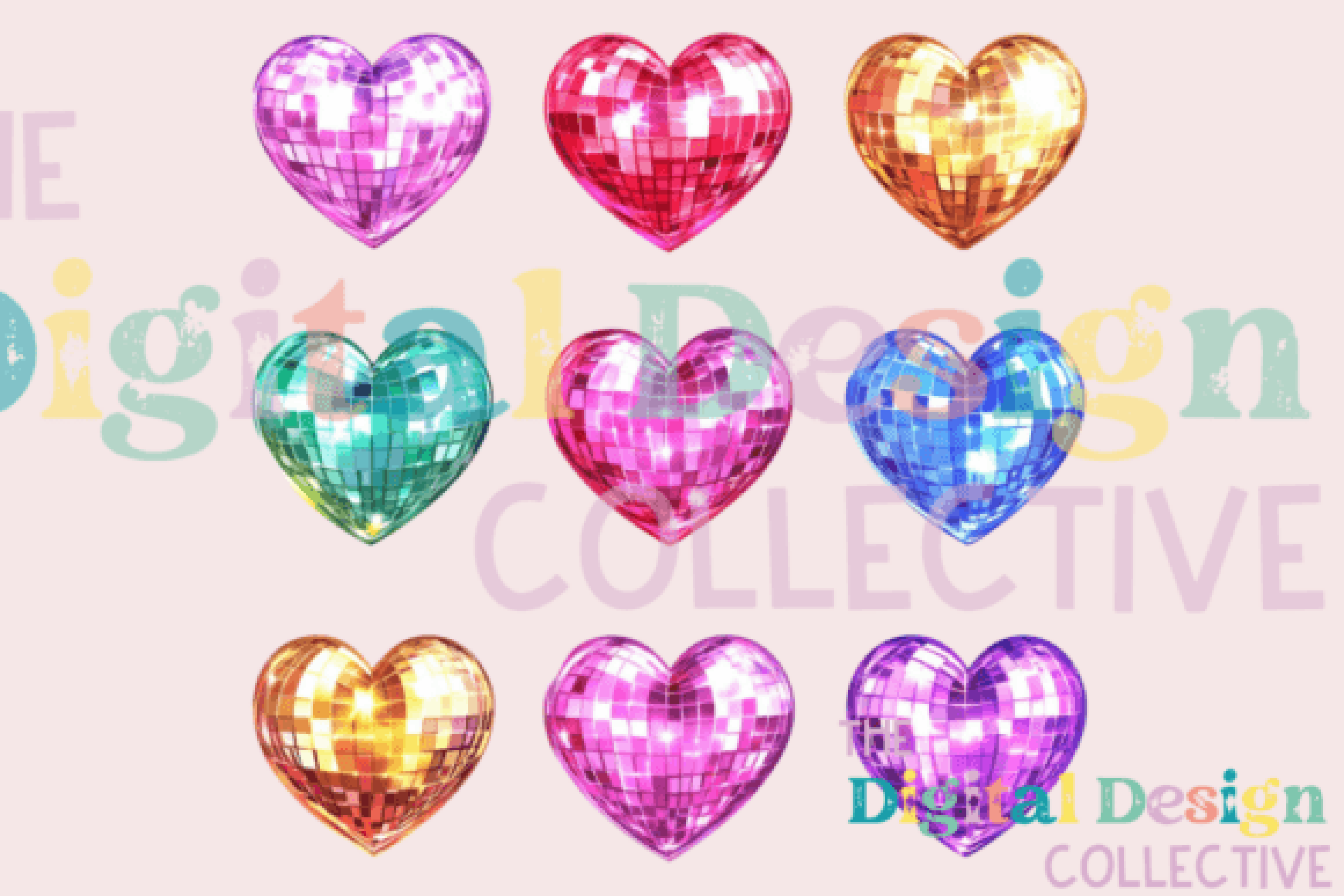 Rainbow Disco Valentine Heart Clipart Bundle