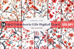 Red Chinoiserie Life Digital Paper - CraftNest - Digital Crafting and Art