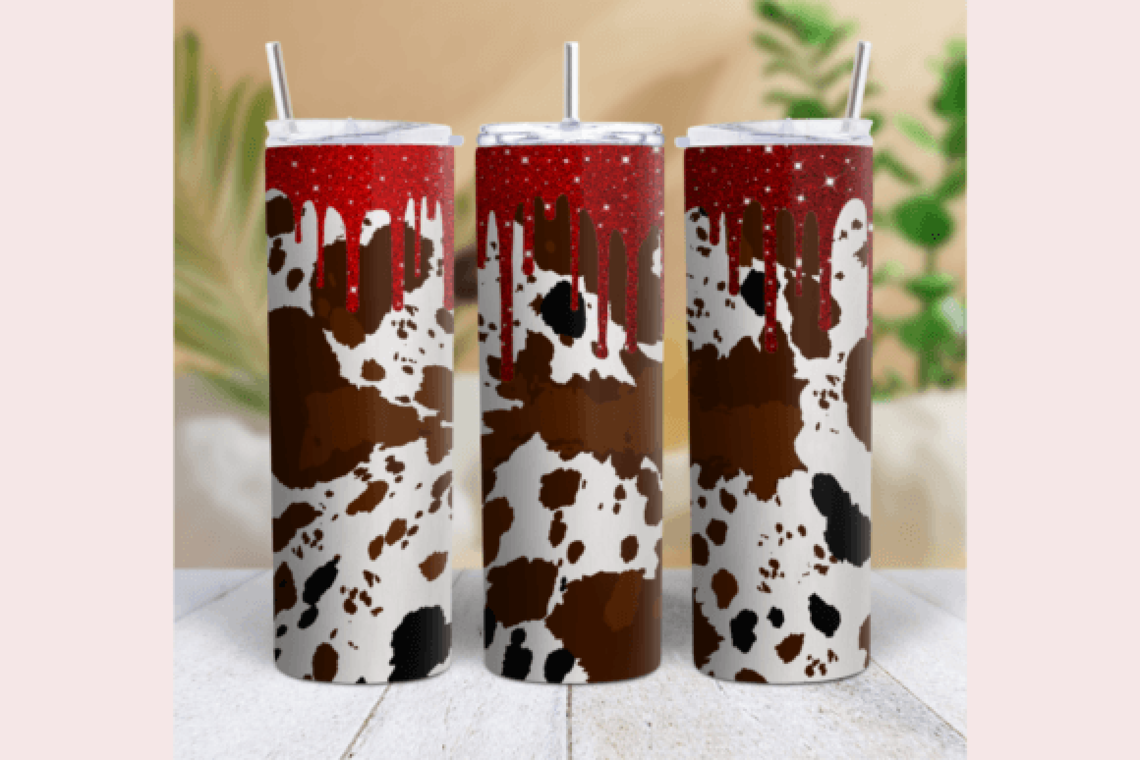 Red Glitter Drip Cow Tumbler Wrap Bundle