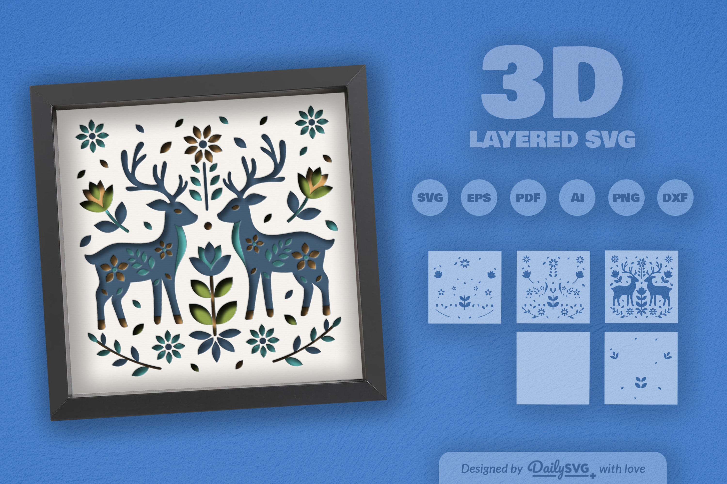 Reindeer Folk Art Papercut Shadow Box SVG Bundle