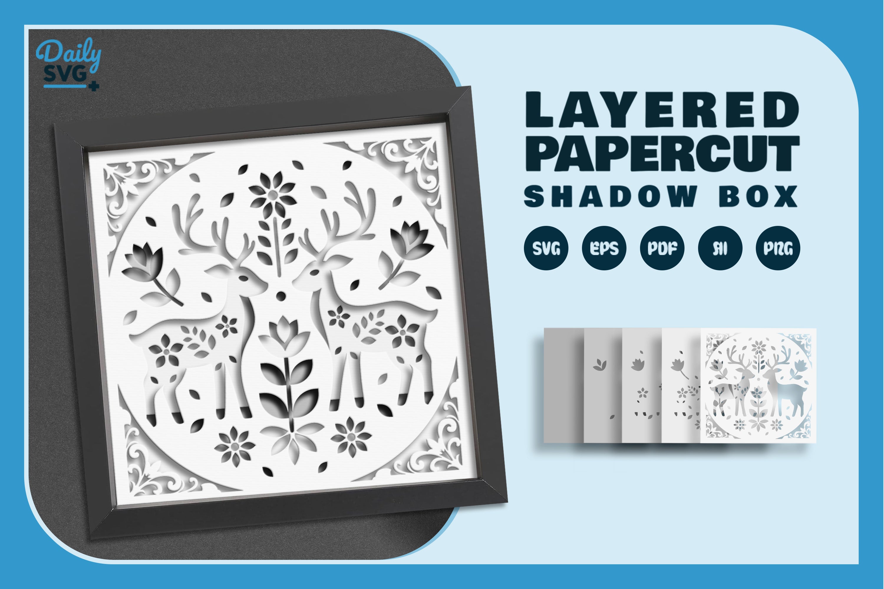 Reindeer Folk Art White Papercut Shadow Box SVG Bundle