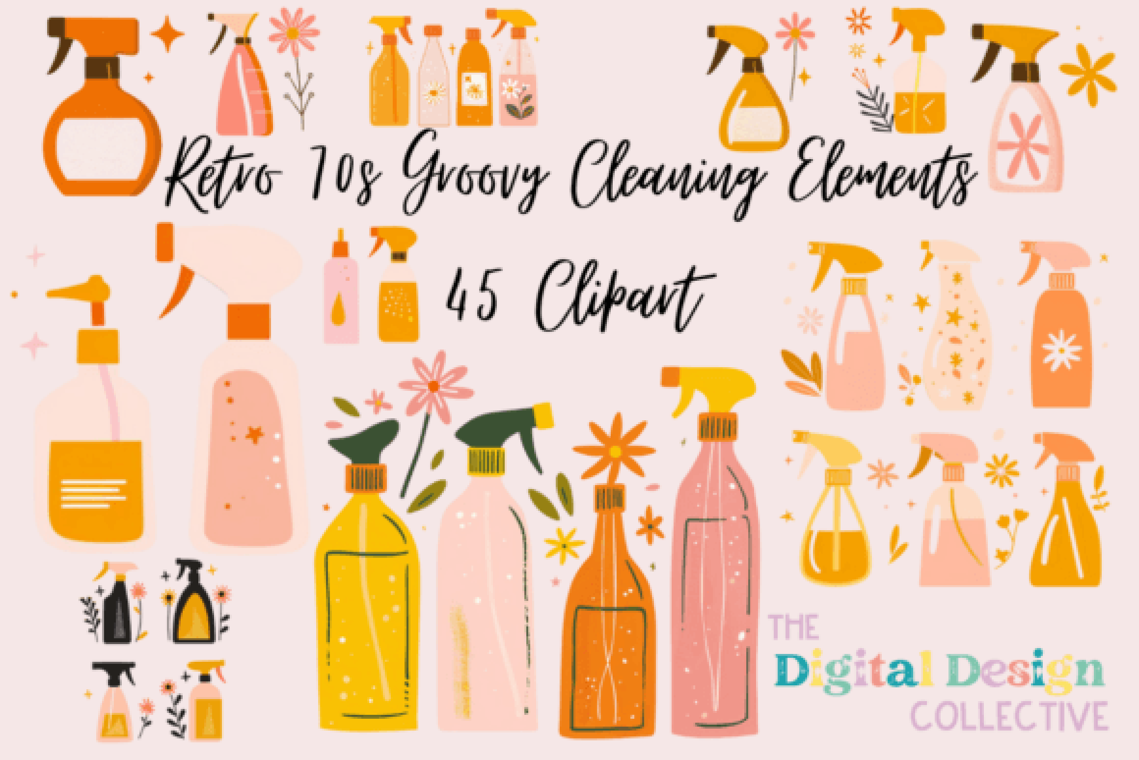 Retro 70s Groovy Cleaning Clipart Bundle