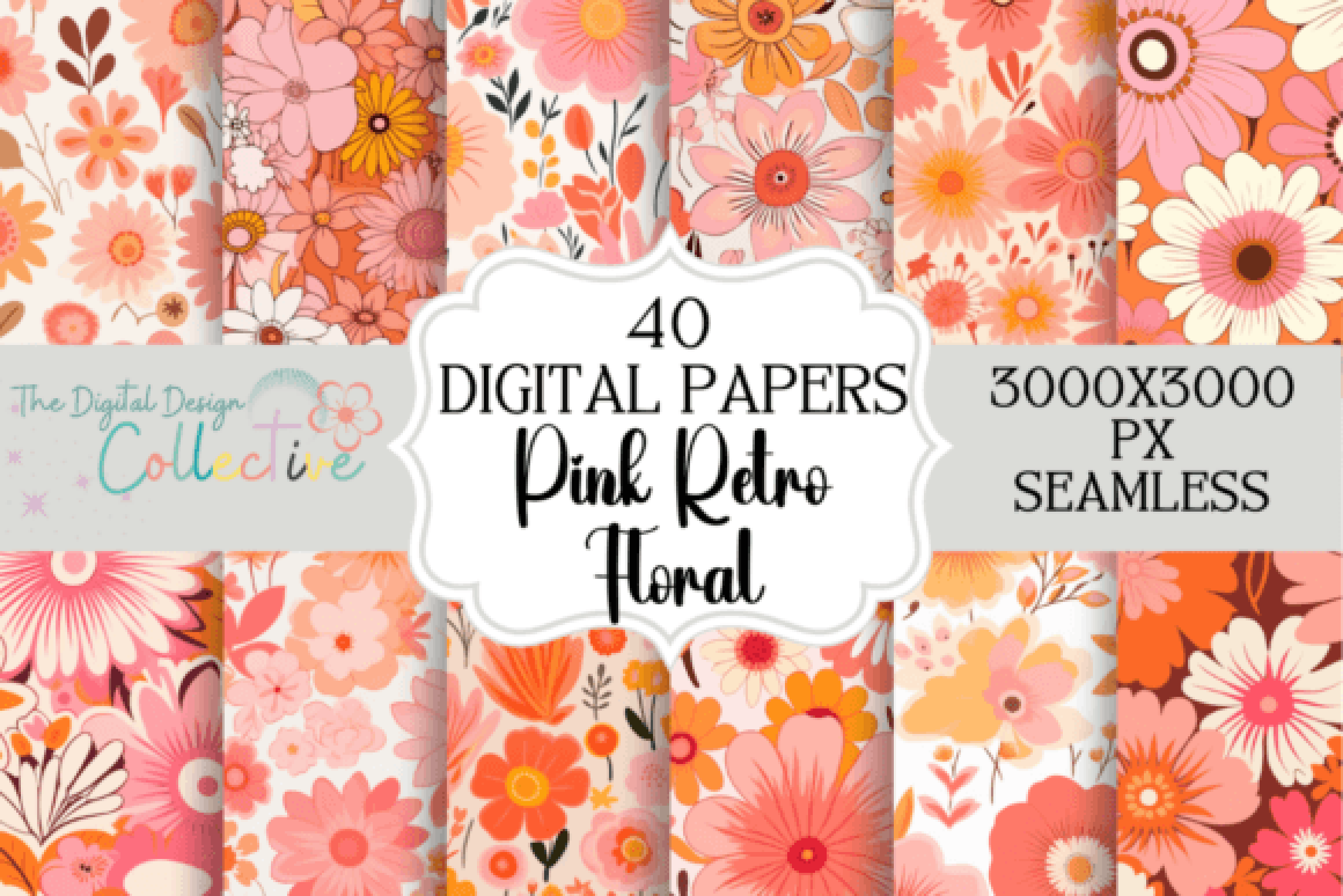 Retro Groovy Pink Flowers Seamless Digital Paper