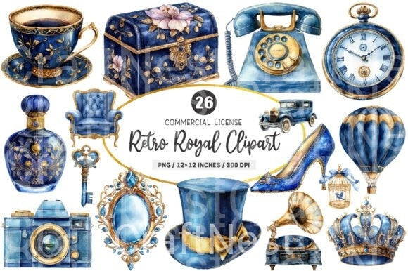 Retro Royal Blue and Gold Clipart Bundle - CraftNest - Digital Crafting and Art