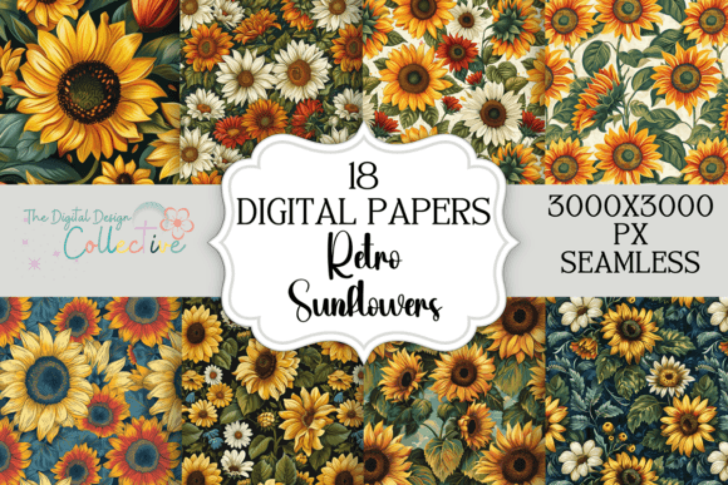 Retro Sunflower Seamless Digital Paper