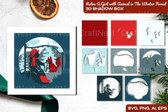 Retro Girl with Animal in Winter Forest 3D Shadow Box SVG Bundle - CraftNest - Digital Crafting and Art