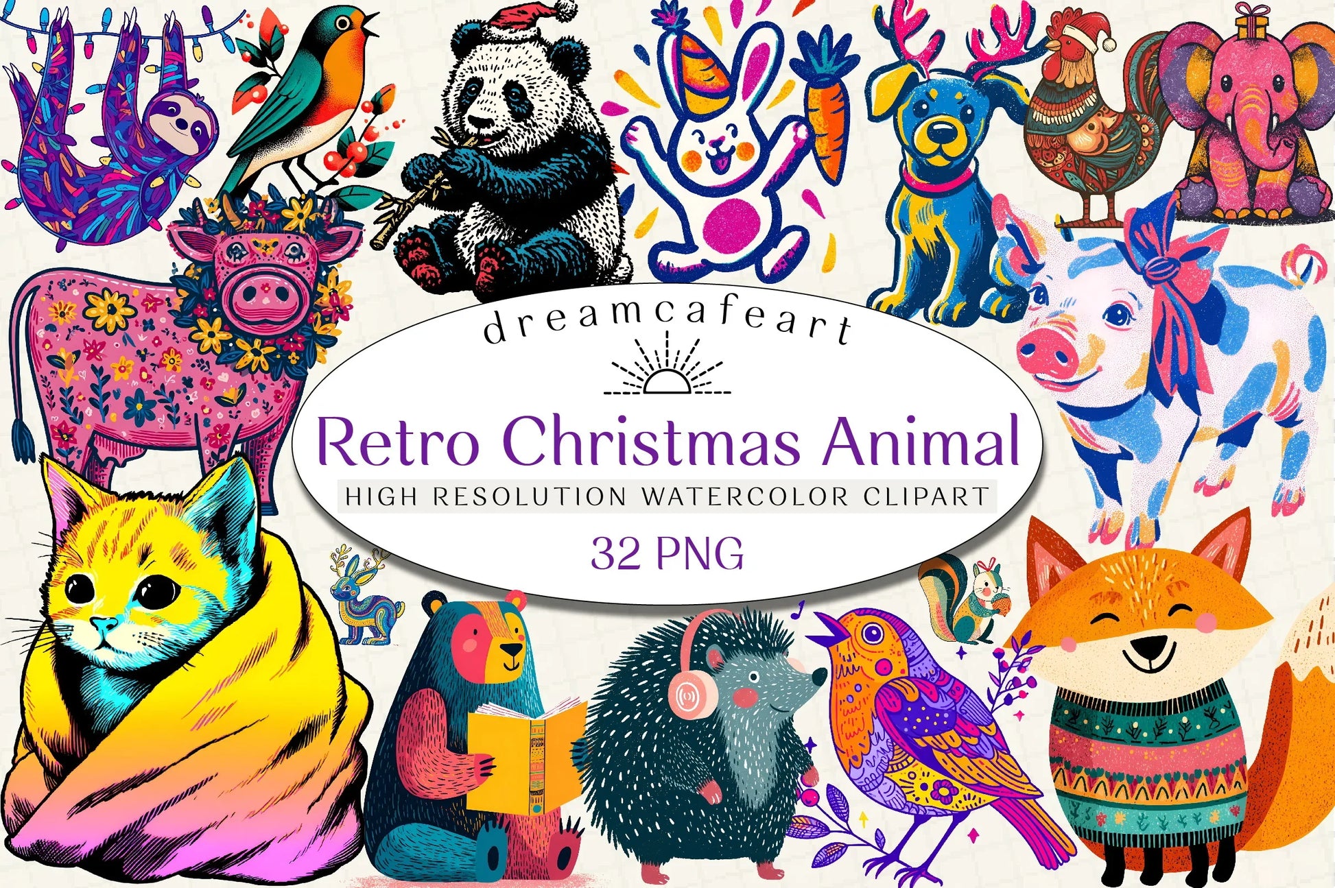 Retro Christmas Animal Clipart Bundle - CraftNest - Digital Crafting and Art
