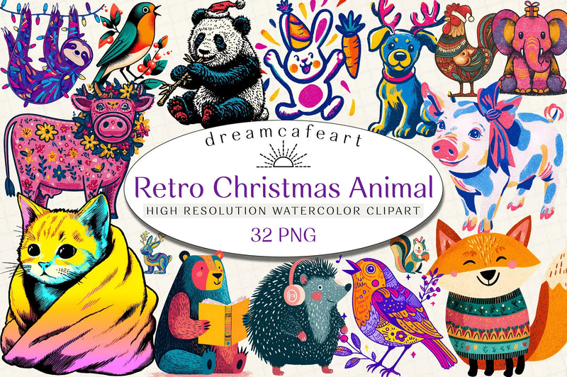 Retro Christmas Animal Clipart Bundle - CraftNest - Digital Crafting and Art