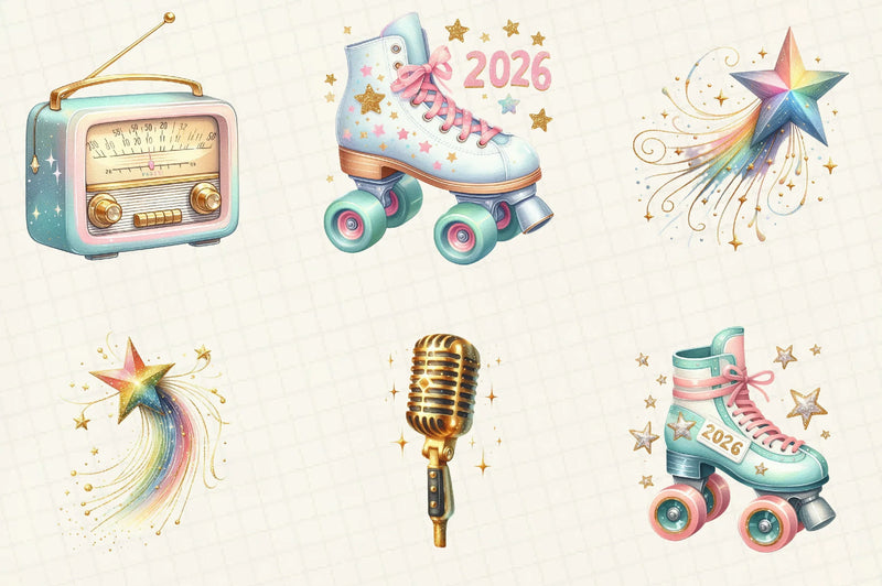Retro New Year Clipart Bundle - CraftNest - Digital Crafting and Art