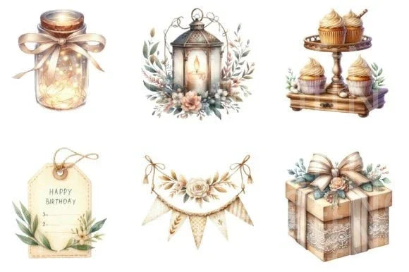Rustic Cream Birthday Clipart Bundle