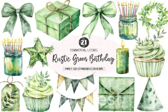 Rustic Green Birthday Clipart Bundle - CraftNest - Digital Crafting and Art