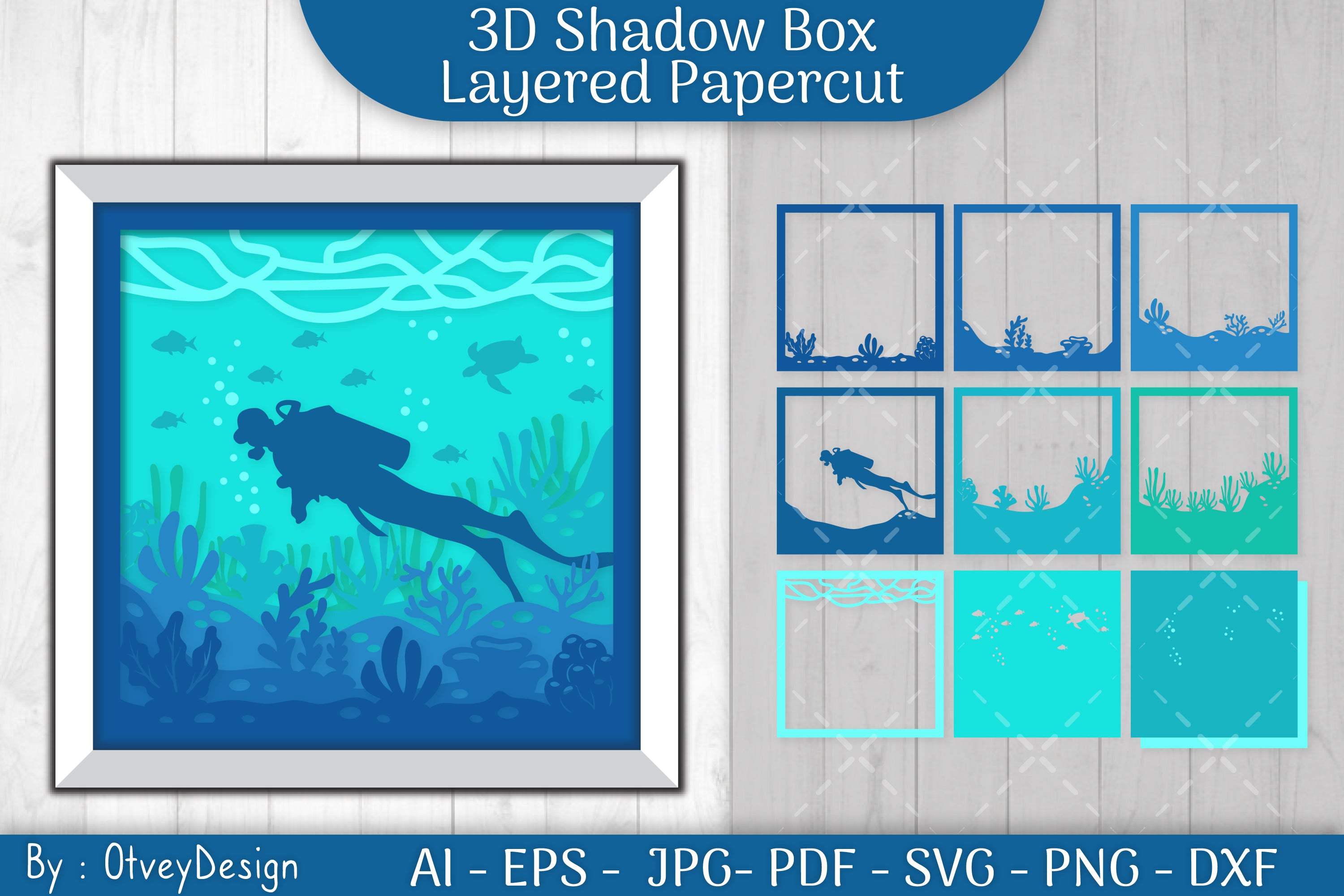 Scuba Diver 3D ShadowBox Snorkeller Papercut SVG Bundle