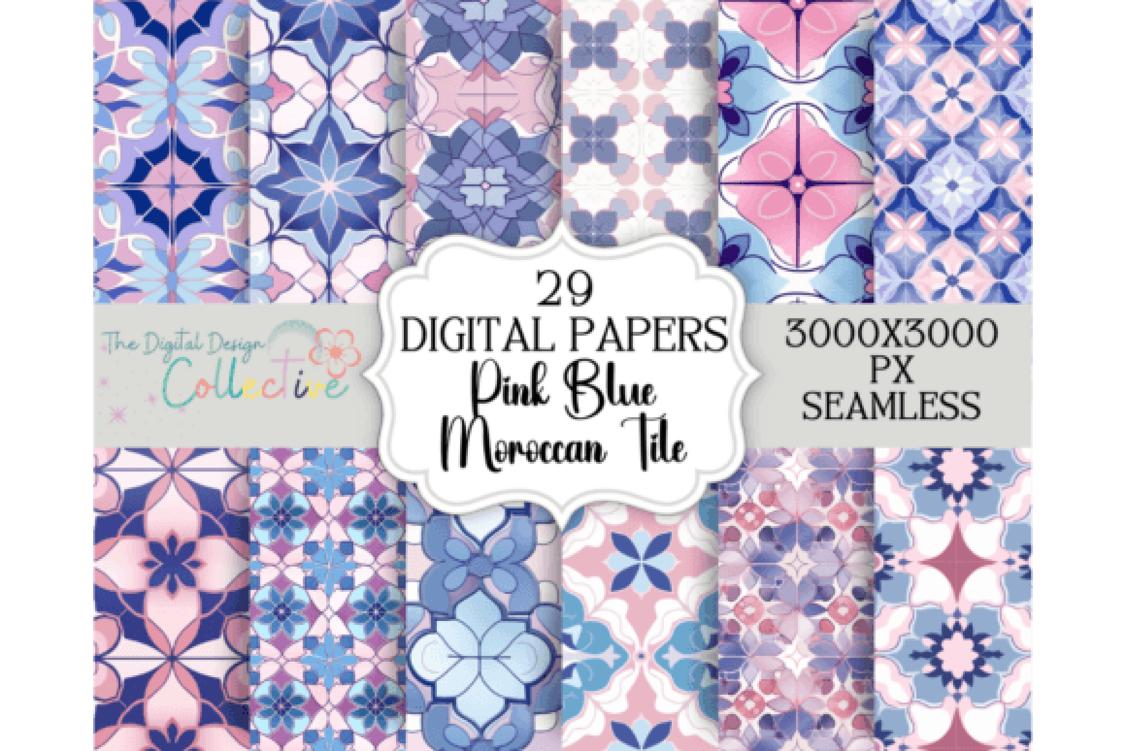 Seamless Blue Pink Moroccan Tile Design Digital Paper