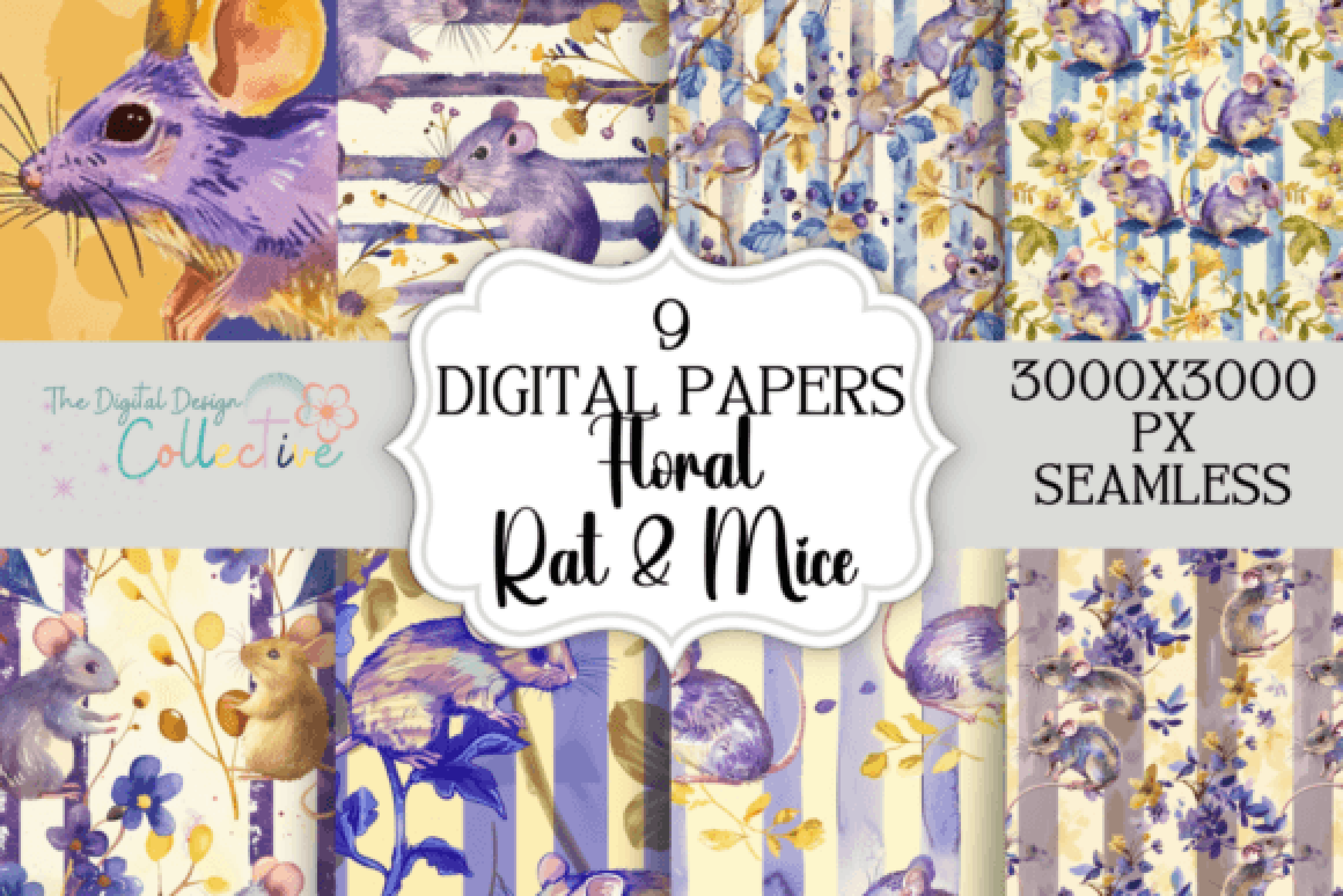 Seamless Floral Mouse Rat Digital Paper