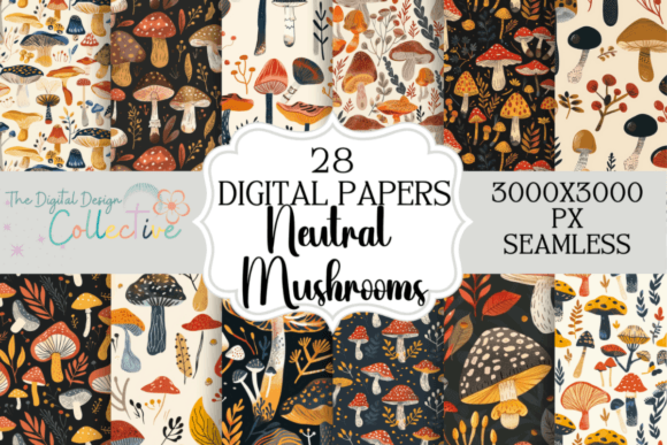 Seamless Neutral Mushroom Patterns Collection