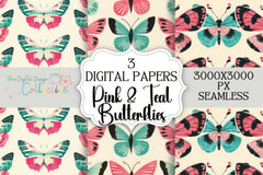 Seamless Pink & Teal Butterfly Patterns Digital Paper - CraftNest - Digital Crafting and Art
