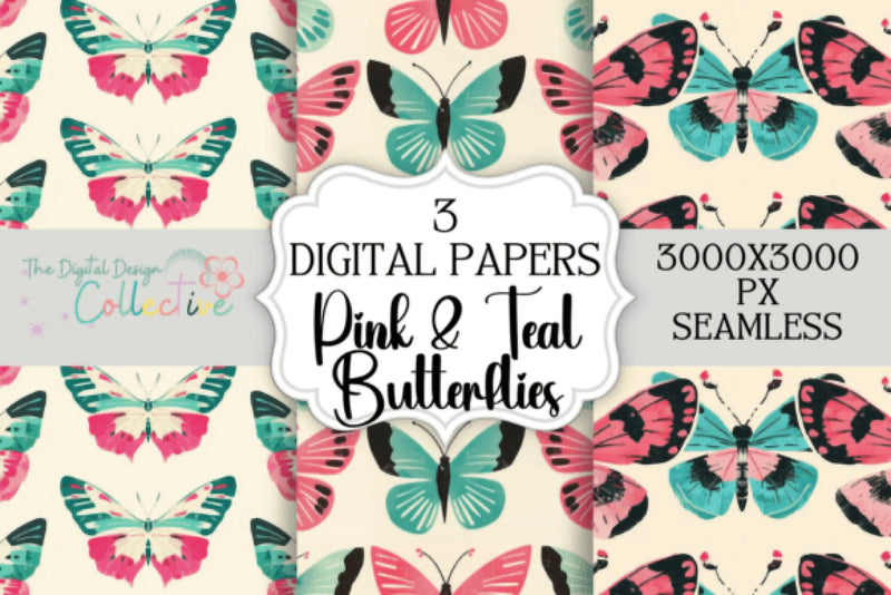 Seamless Pink & Teal Butterfly Patterns Digital Paper - CraftNest - Digital Crafting and Art