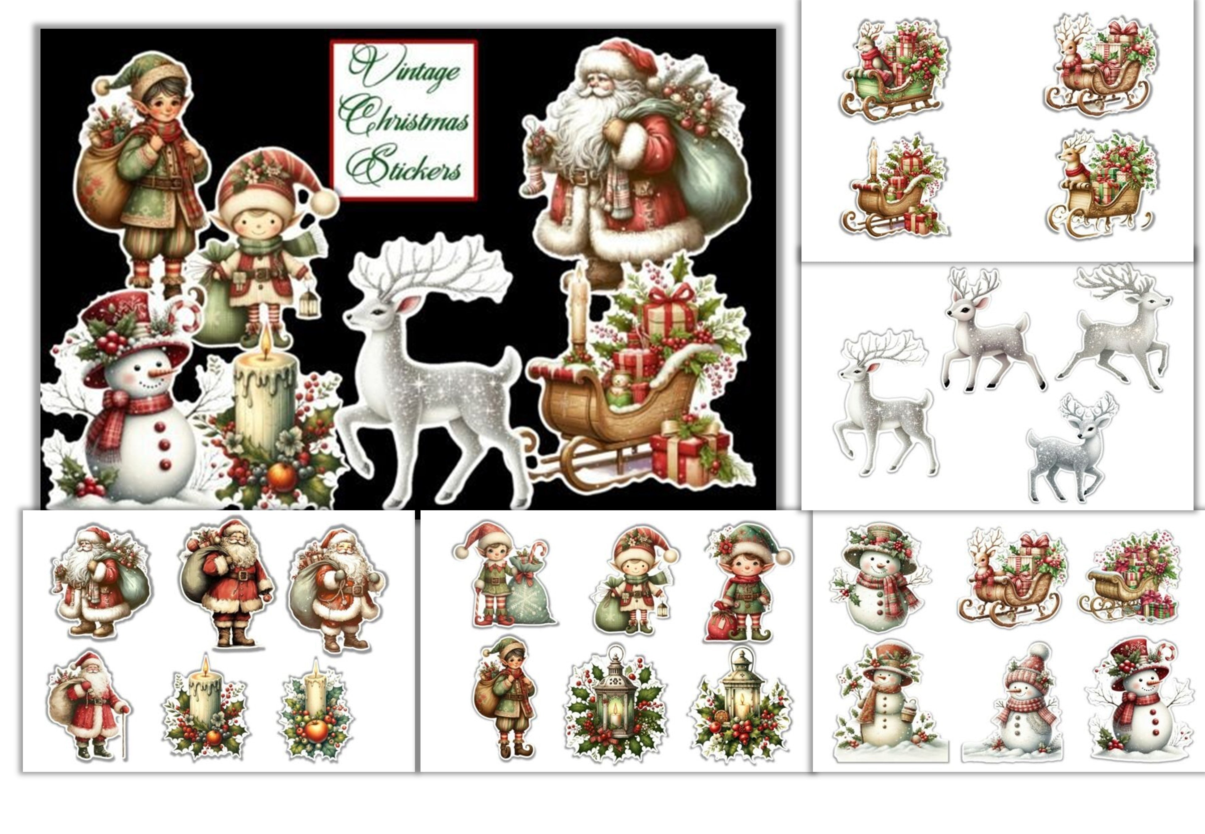 Vintage Christmas Stickers Clipart Bundle