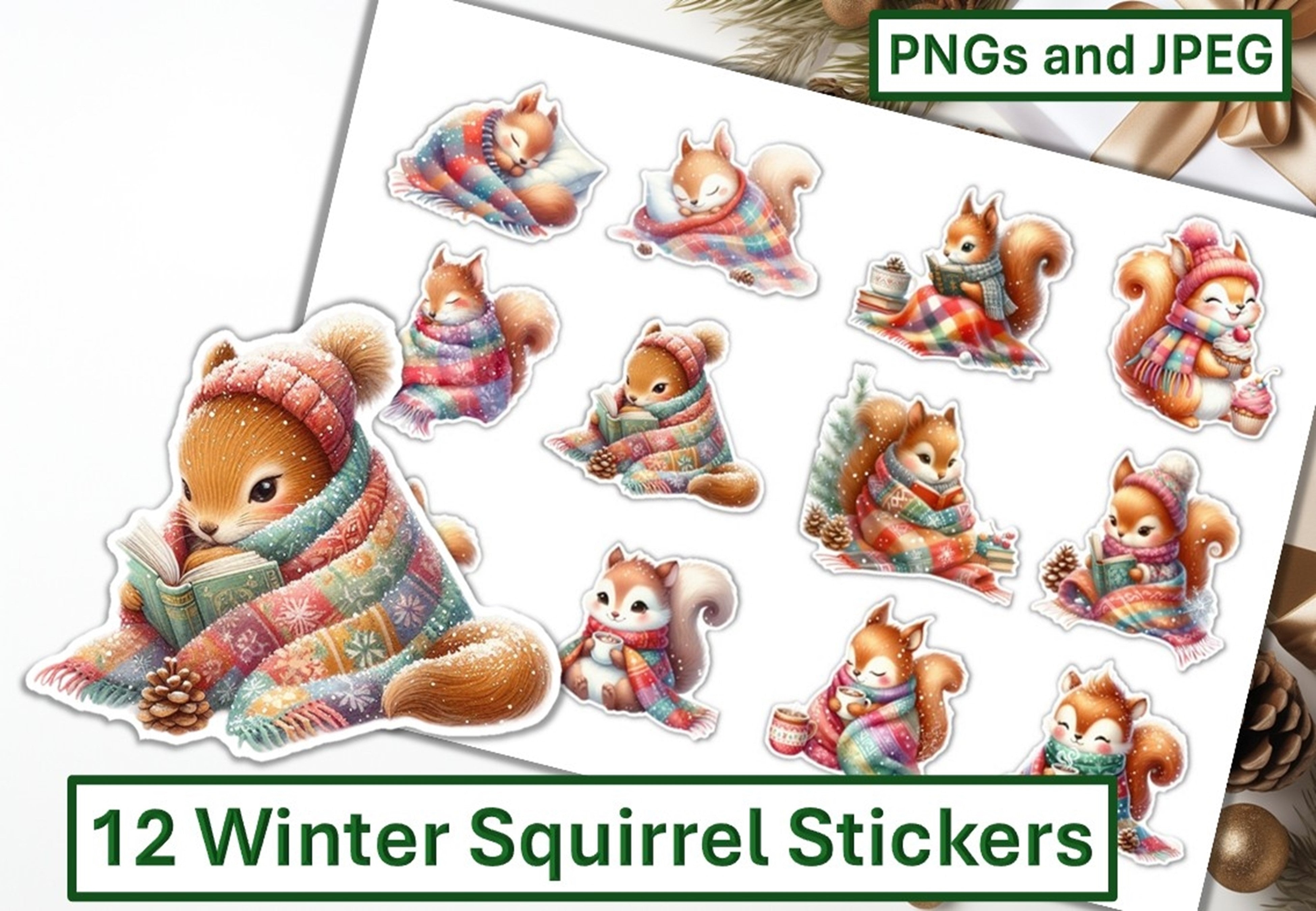 Winter Squirrel Stickers Clipart Bundle