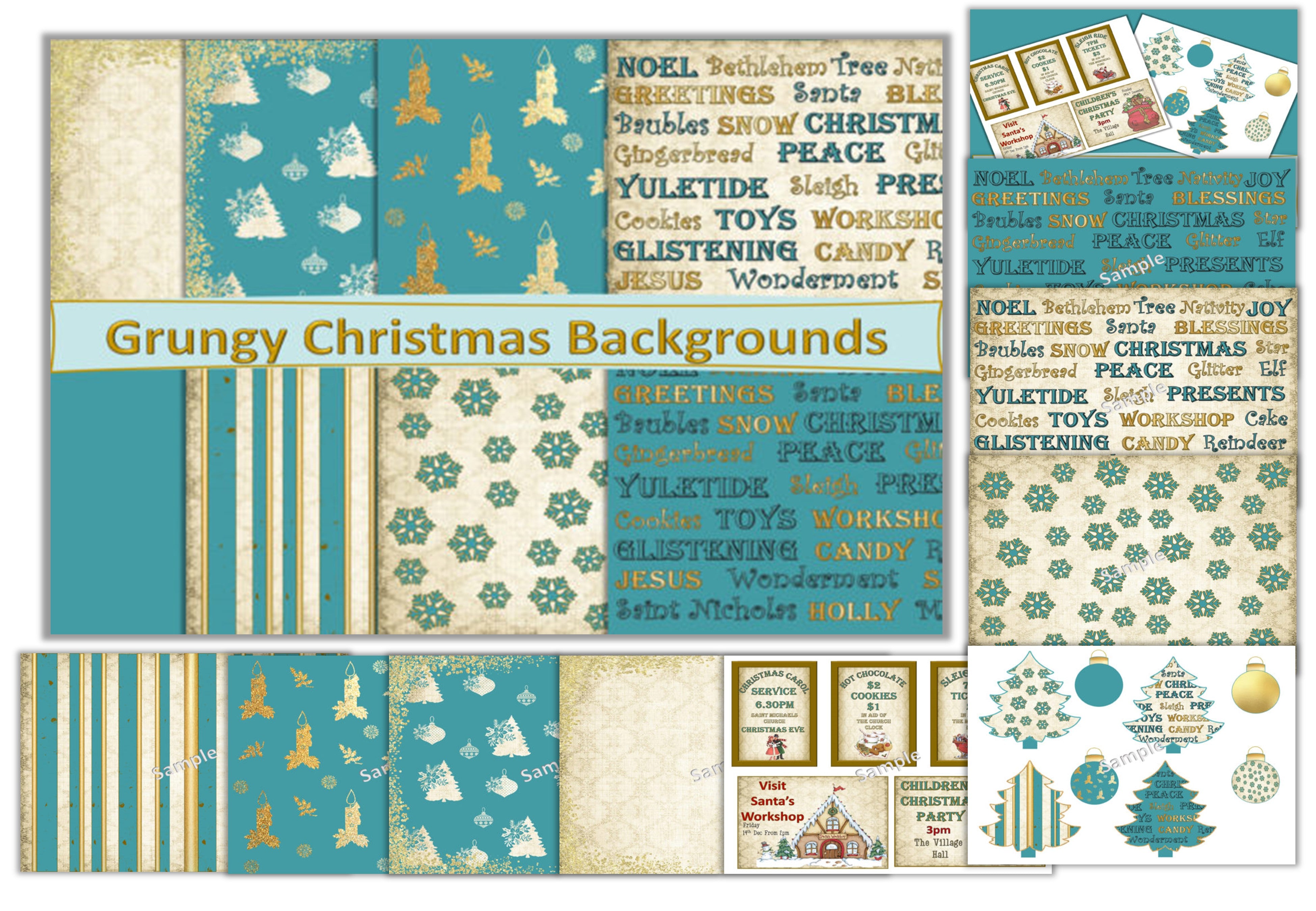 Vintage Blue Sparkle Christmas Backgrounds Clipart Bundle