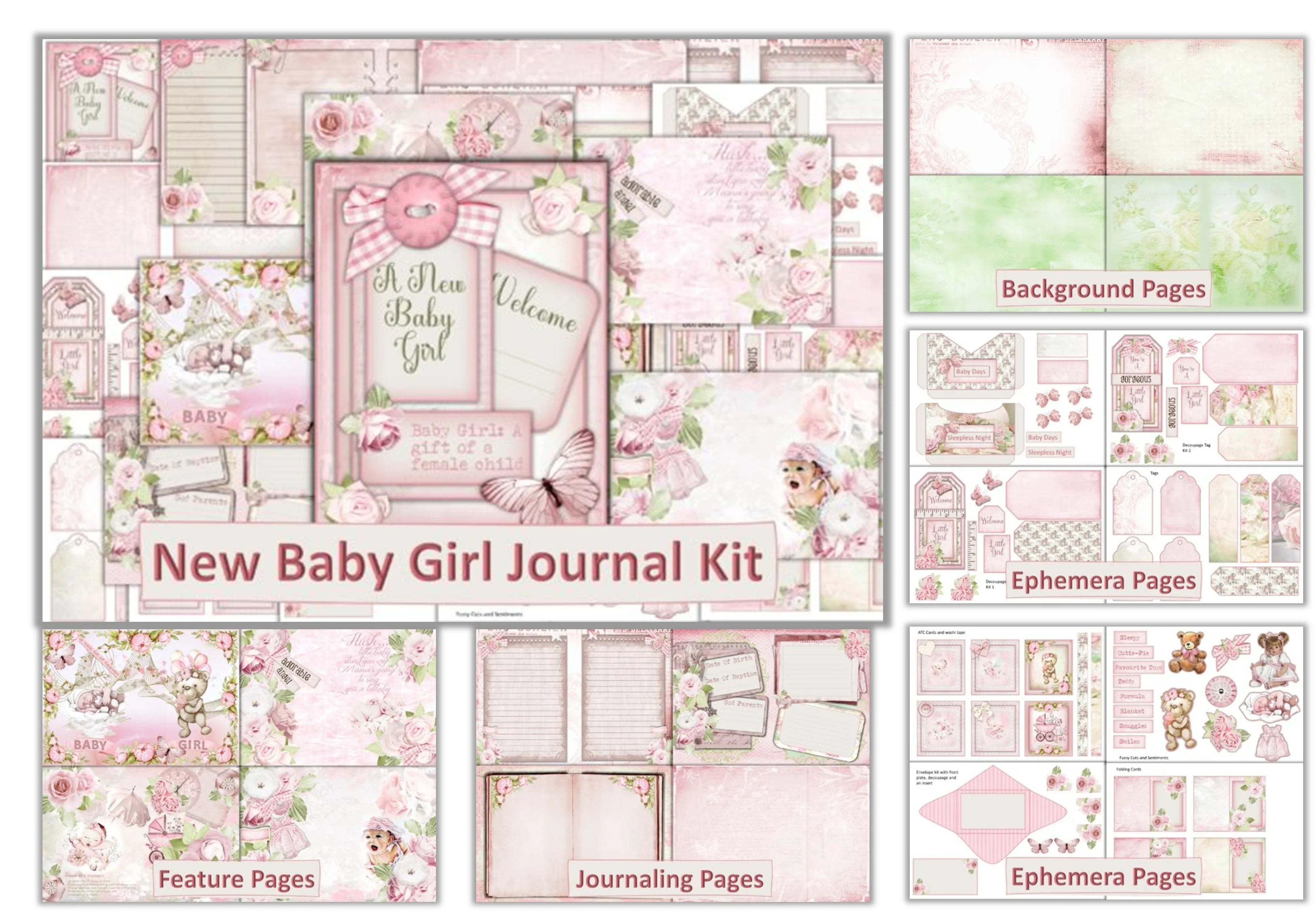 New Baby Girl Junk Journal Bundle - CraftNest - Digital Crafting and Art