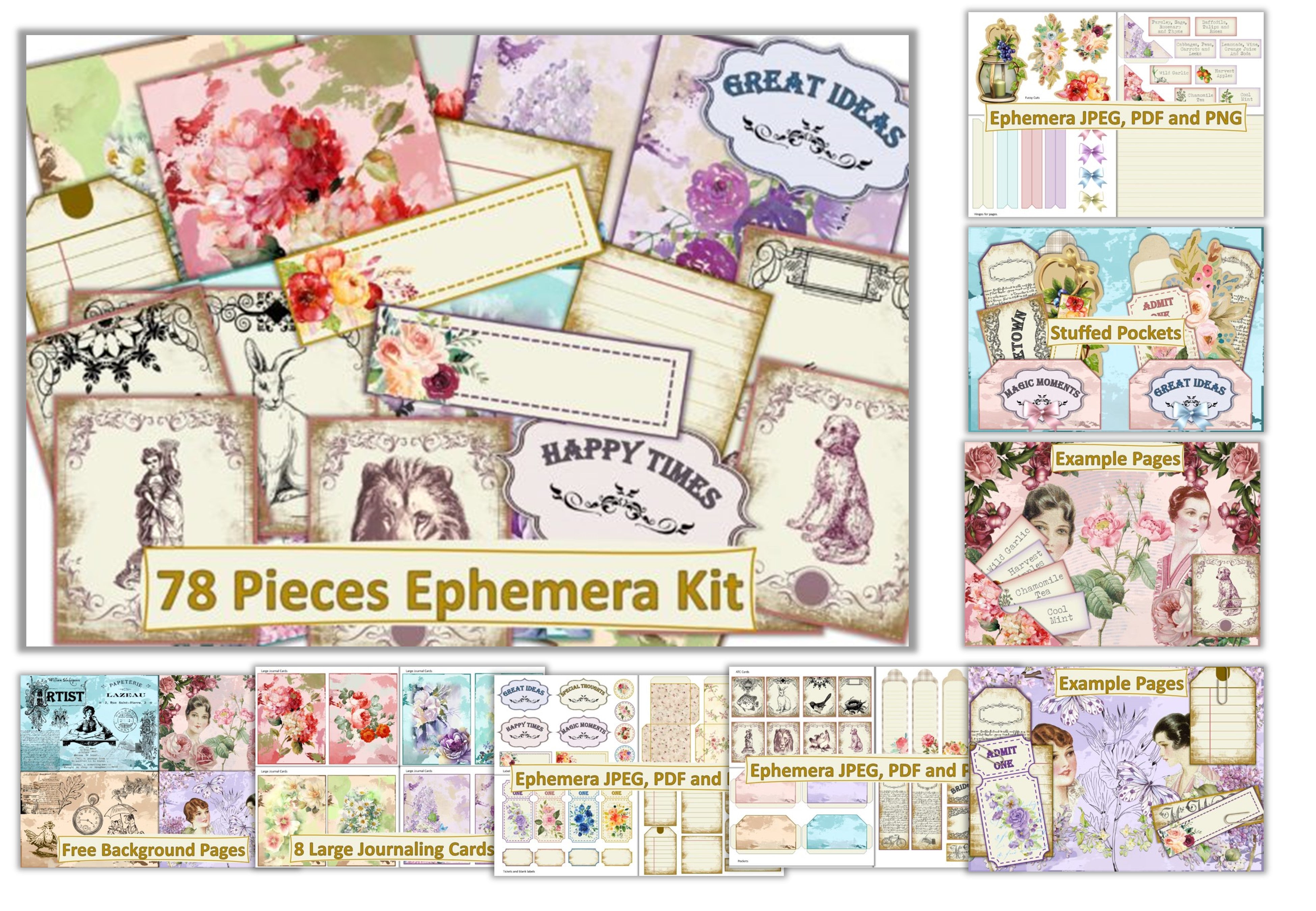 78Pcs Junk Journal Clipart Bundle