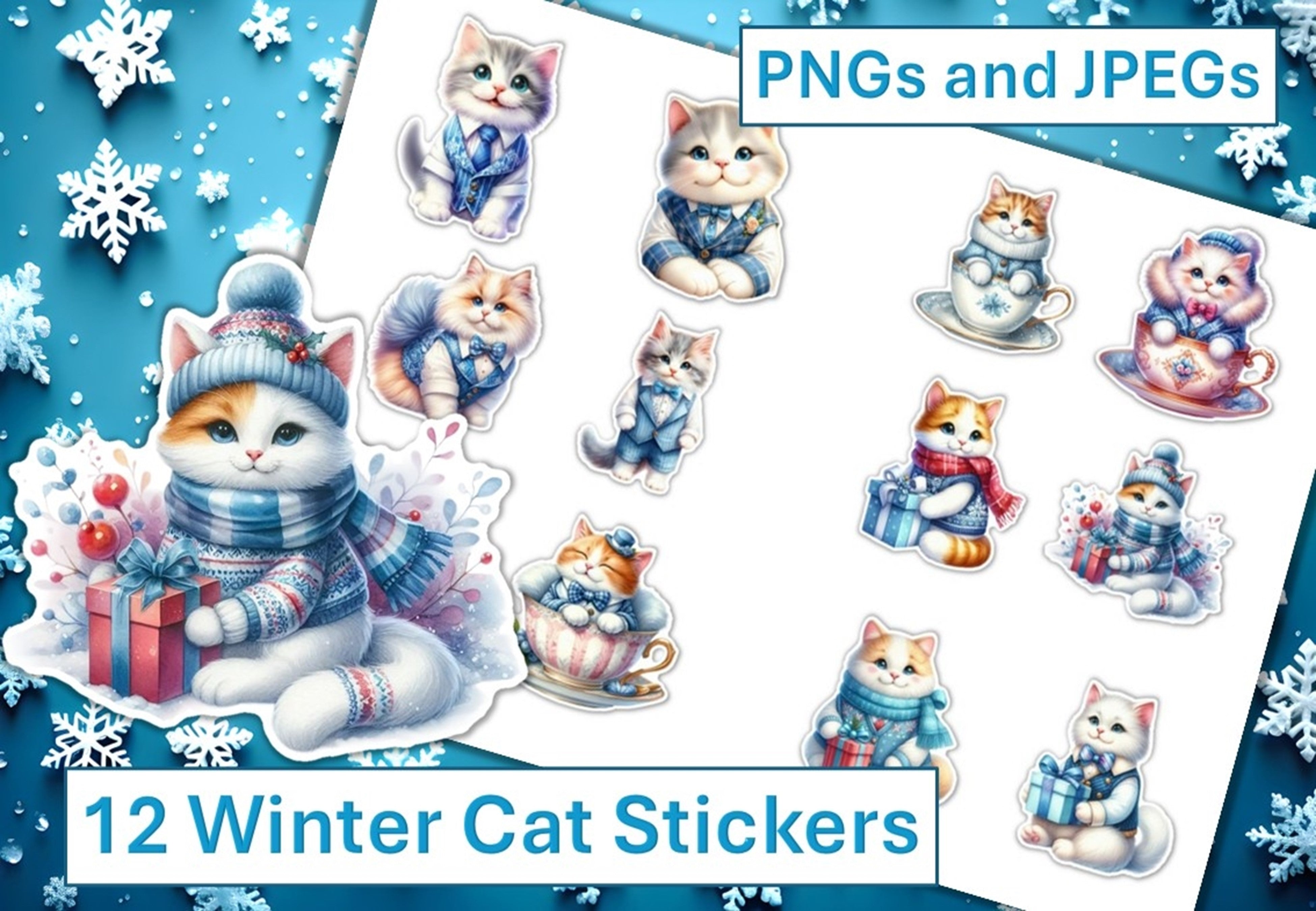 Winter Cat Stickers Clipart Bundle
