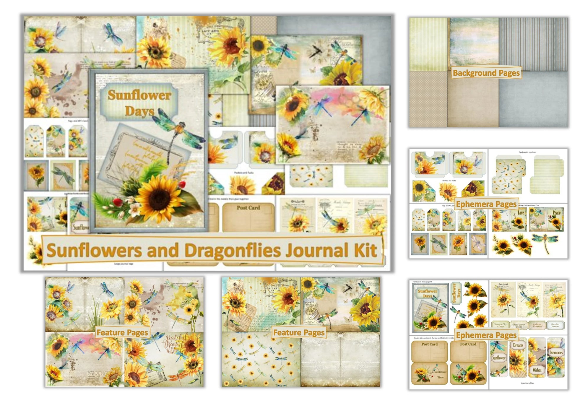 Sunflowers and Dragonflies Junk Journal Clipart Bundle - CraftNest - Digital Crafting and Art