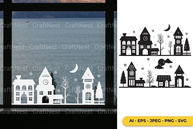 Snowy Town Window Decal Clipart Bundle - CraftNest - Digital Crafting and Art