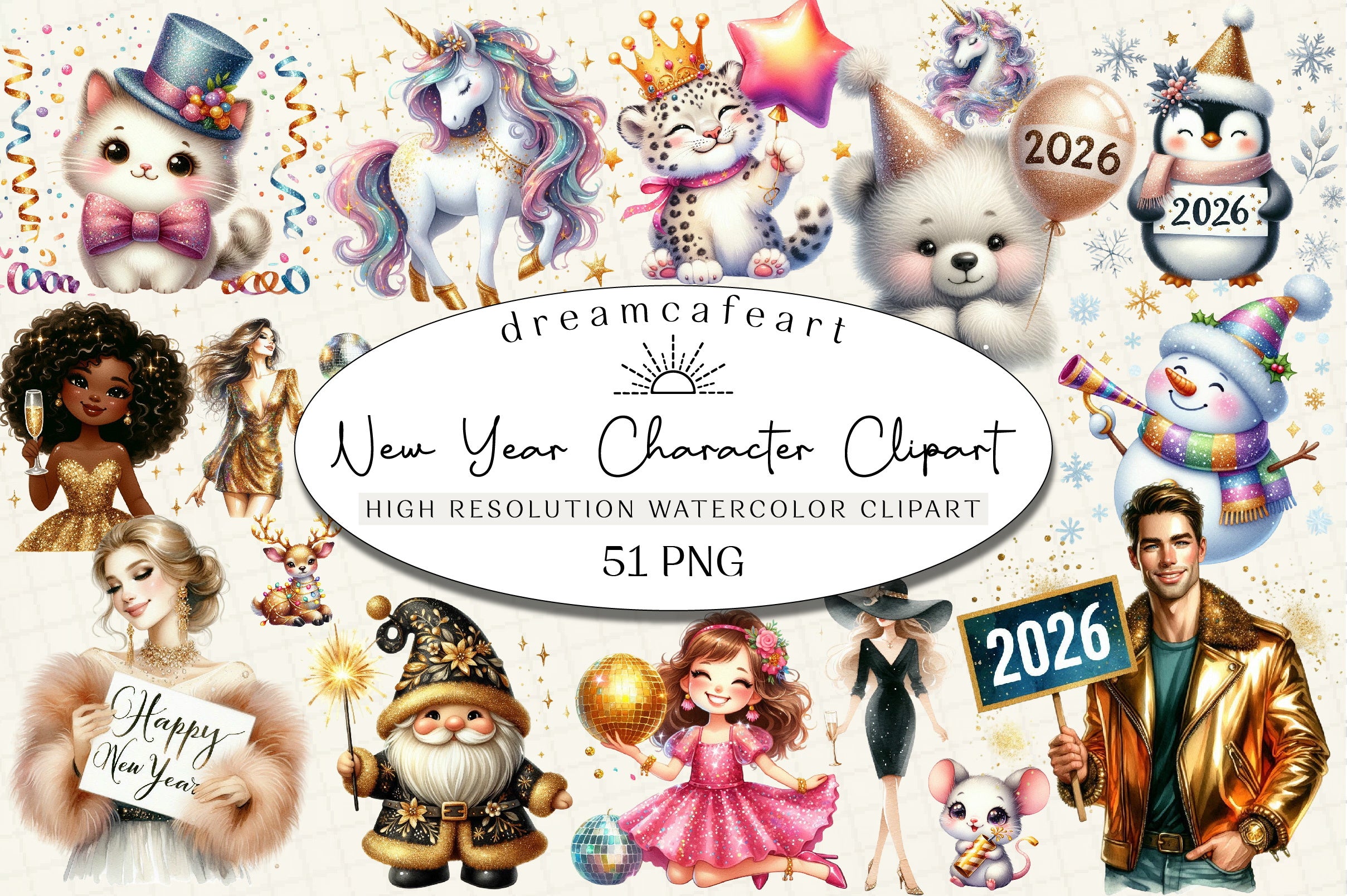 Sparkling New Year Character Clipart Bundle