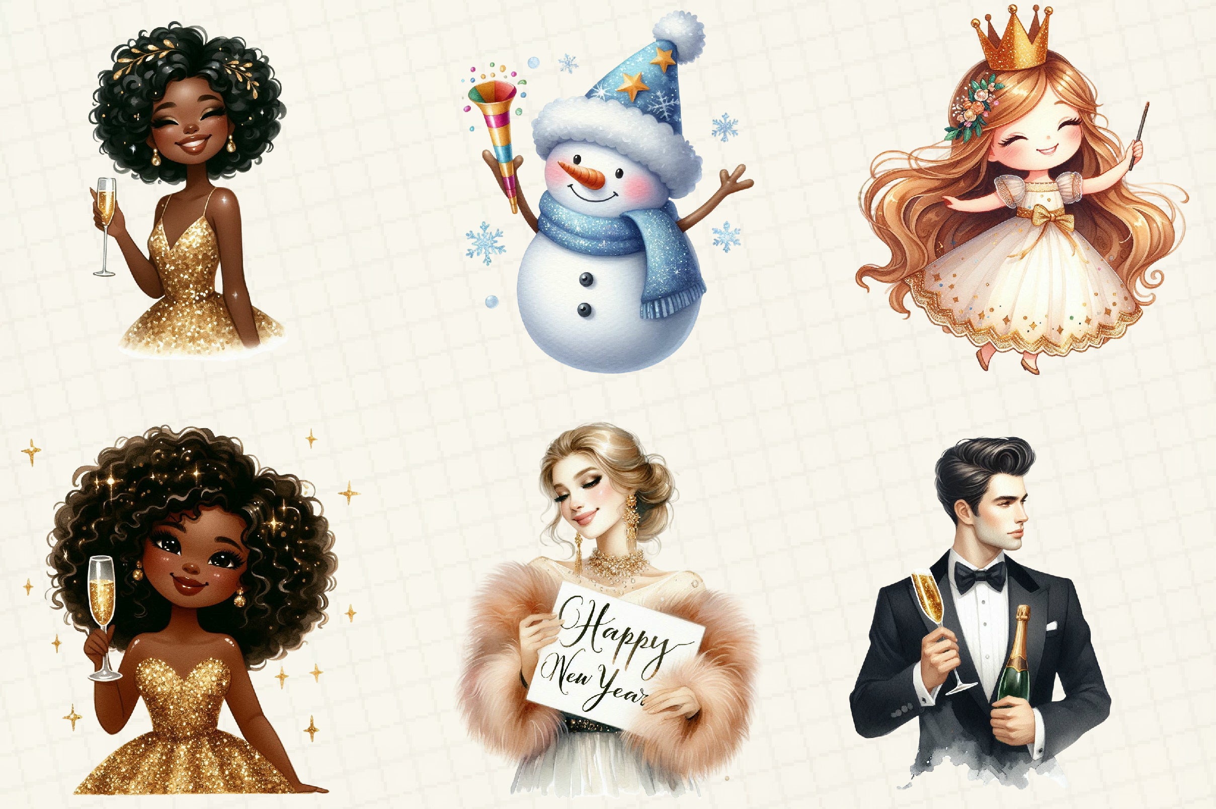 Sparkling New Year Character Clipart Bundle