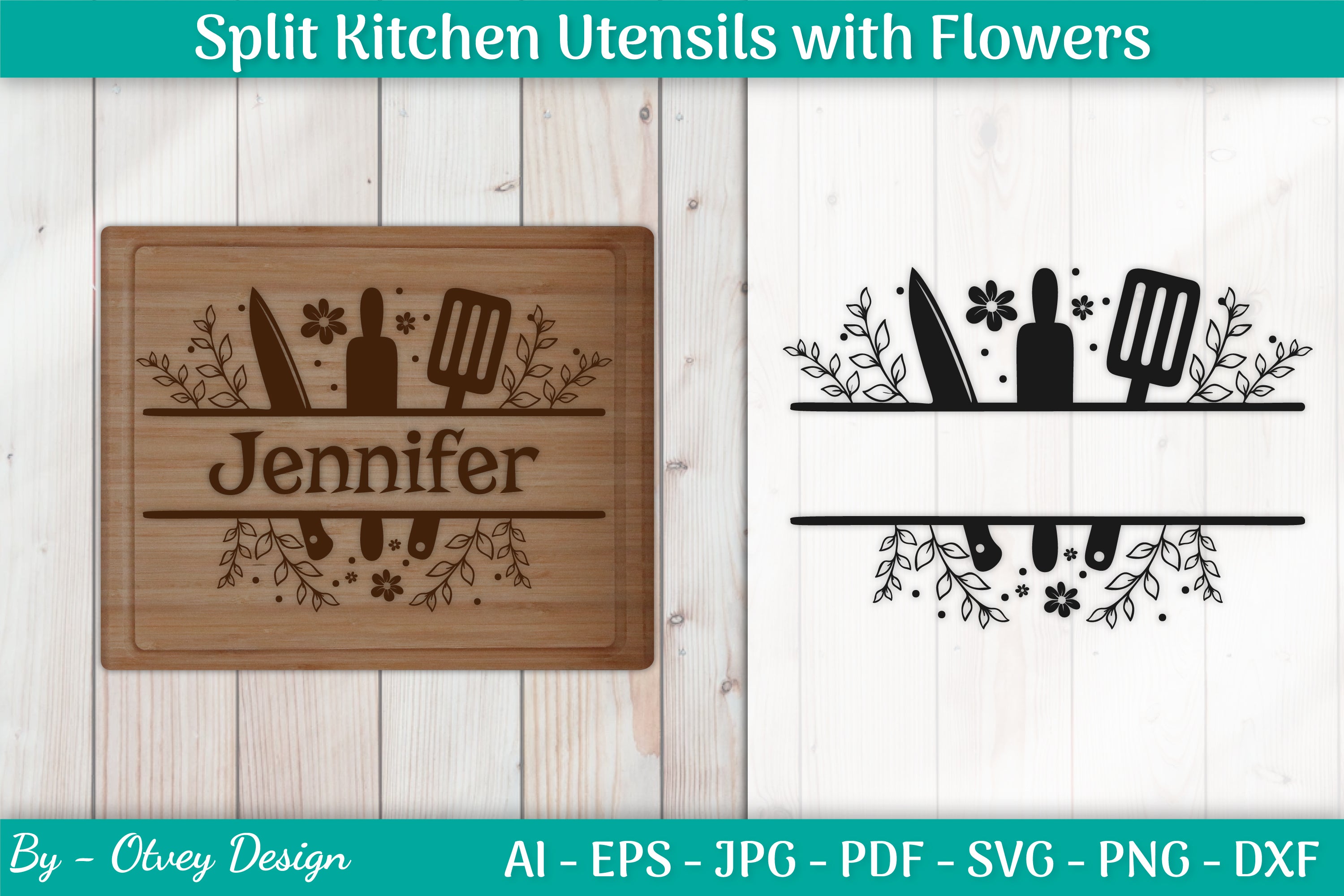 Split Kitchen Utensils with Cute Flowers SVG Bundle