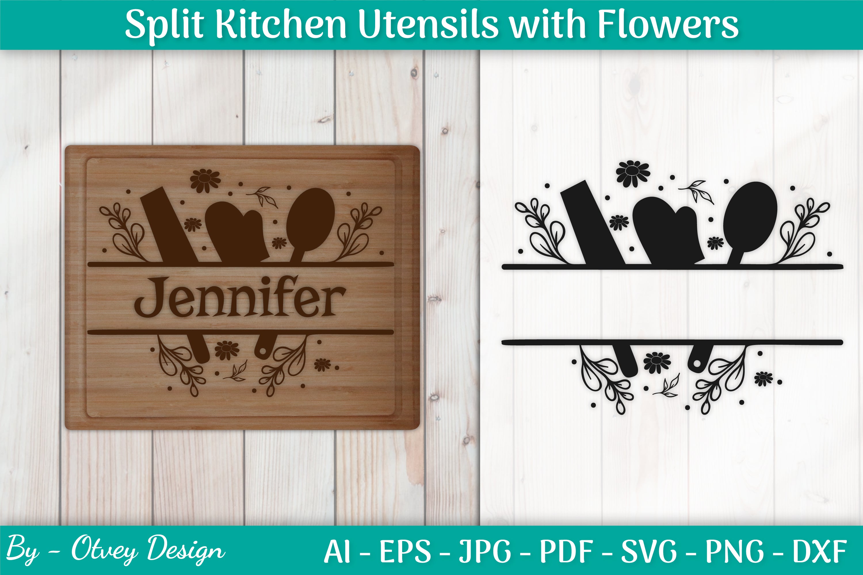 Split Kitchen Utensils with Cute Flowers SVG Bundle