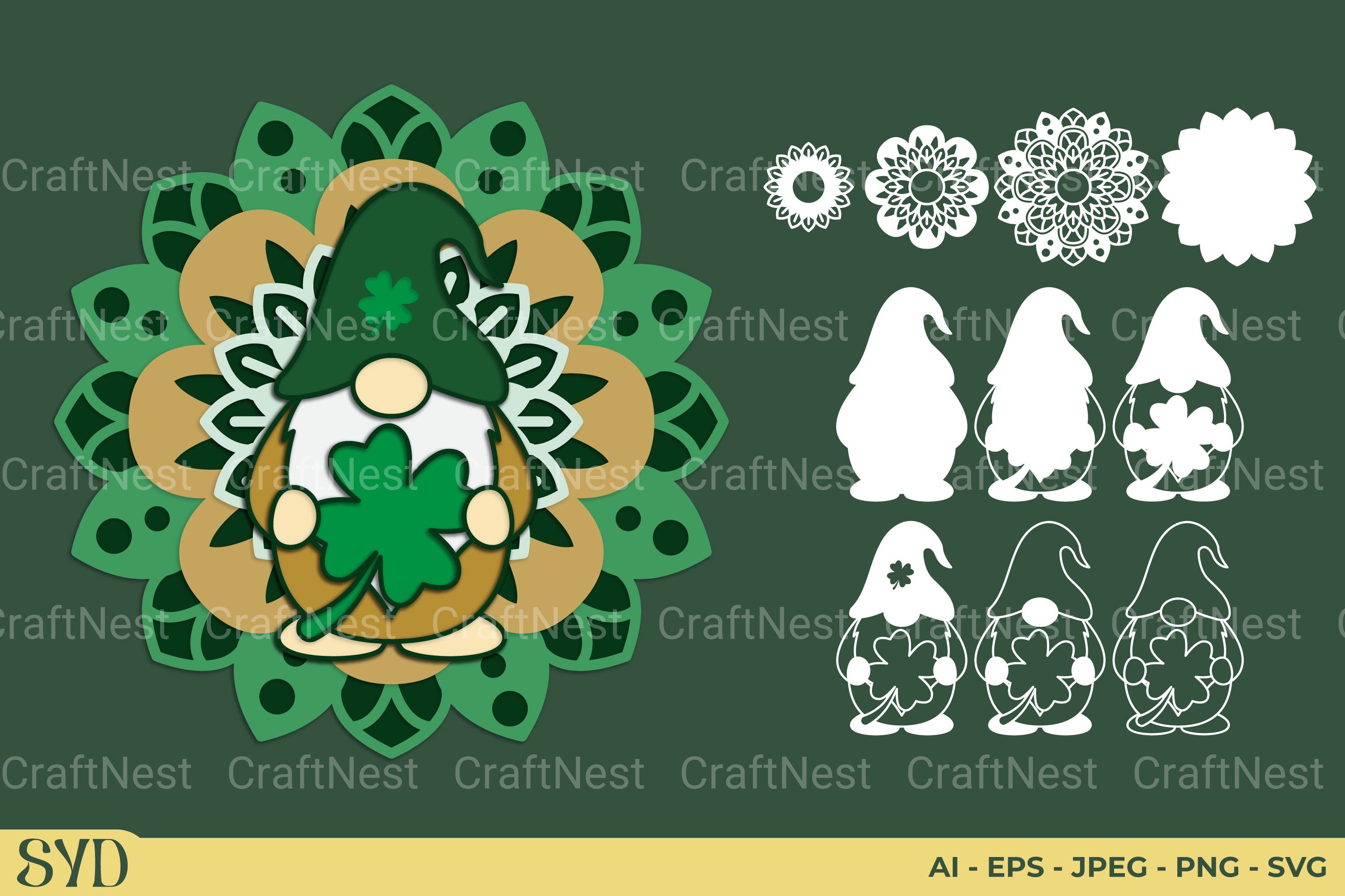 St Patrick's Gnome Mandala Layered Papercut Clipart Bundle