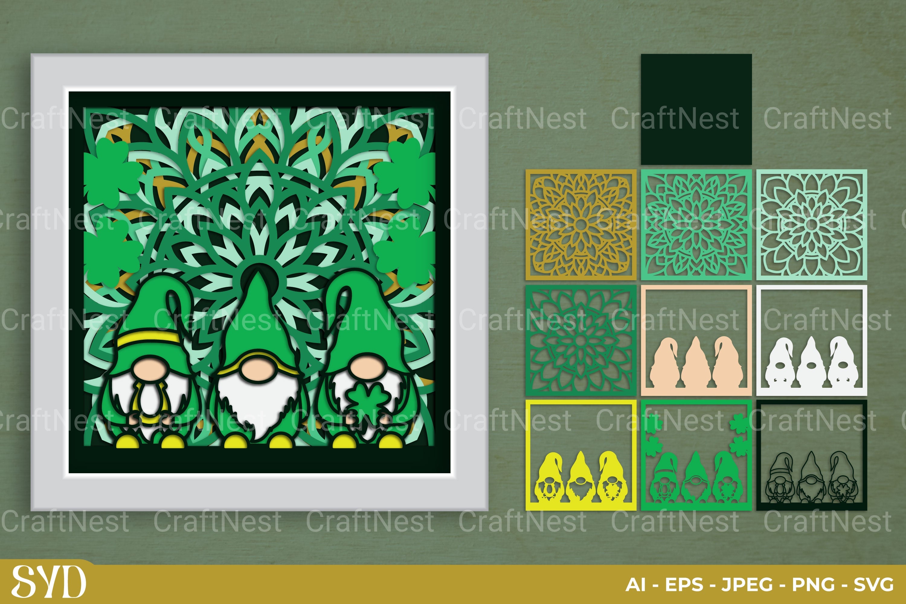 St Patrick's Gnome Mandala Layered Papercut Clipart Bundle