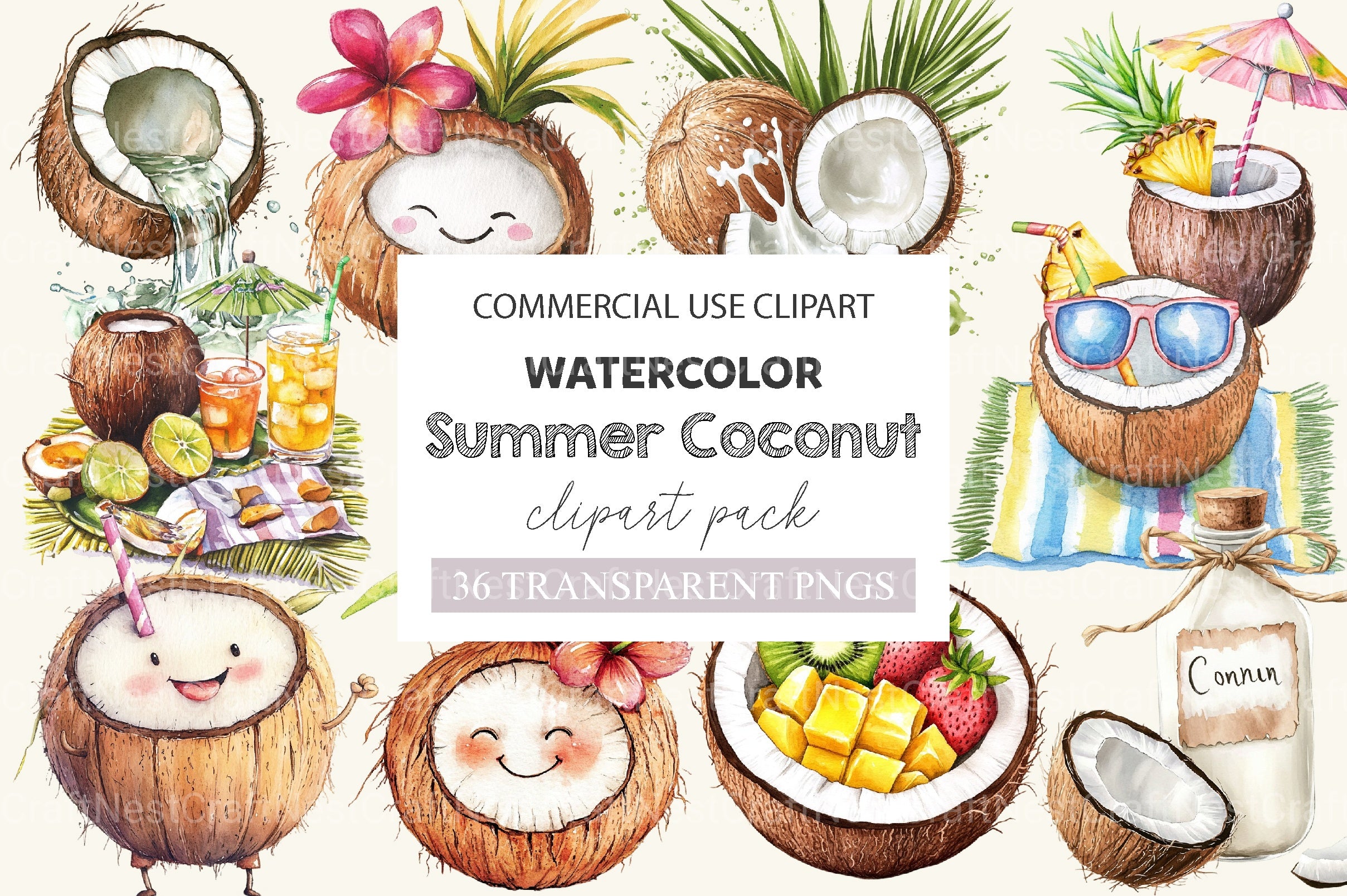 Summer Coconut Clipart Bundle 2 - CraftNest - Digital Crafting and Art