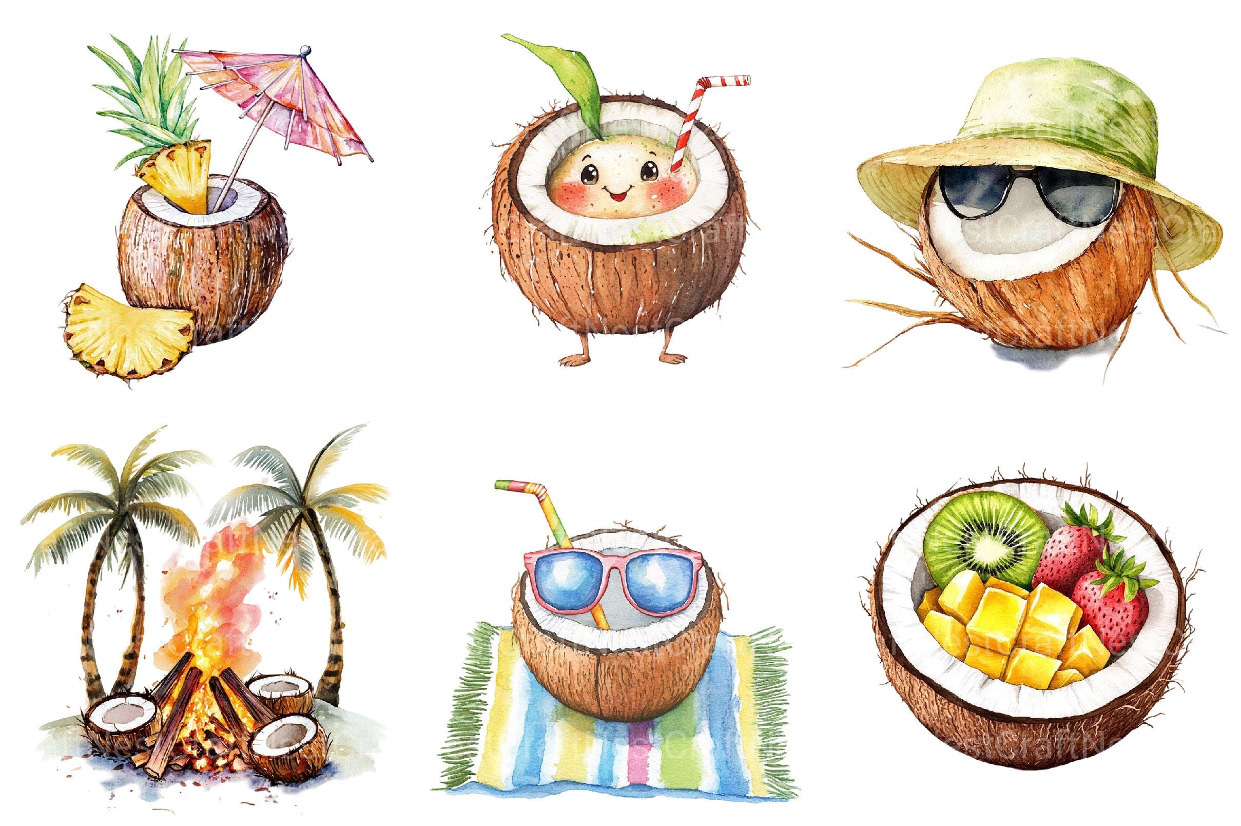 Summer Coconut Clipart Bundle 2 - CraftNest - Digital Crafting and Art