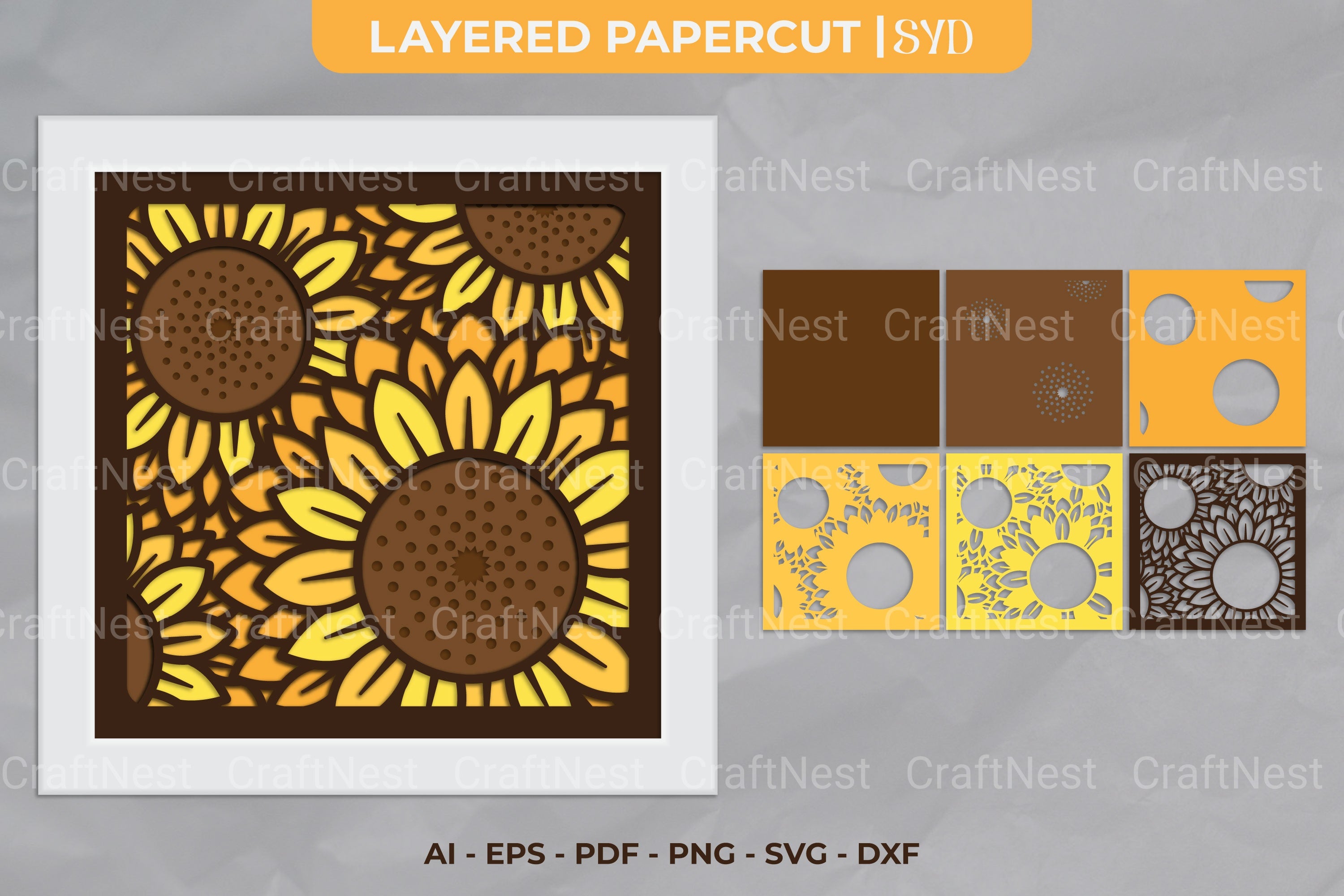 Sunflower 3D Layered Papercut SVG Clipart Bundle