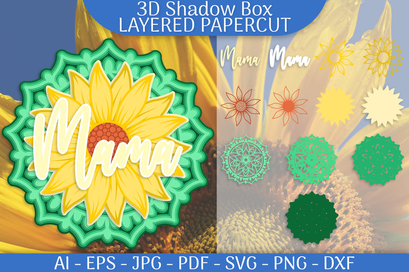 Sunflower Mama Mandala 3D Shadowbox Papercut SVG Bundle - CraftNest - Digital Crafting and Art